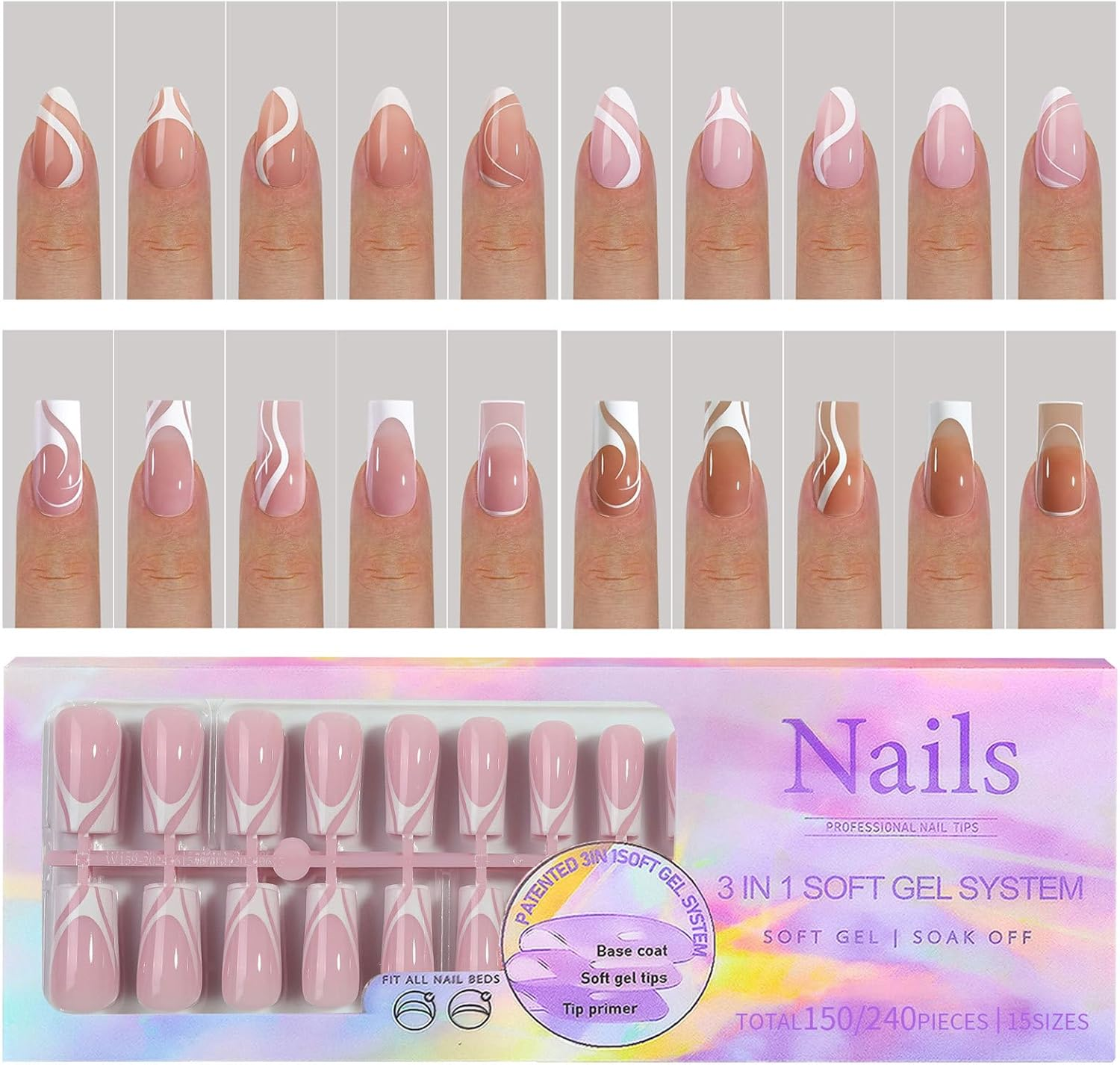 Nail Tips Set, 450PCS Nail Tips for Acrylic Nails, Full Cover French Ballerina Nail Tips Fake Nails, Soft Gel Fake Nails Tips, Soak off Fake Nail for Nail Tips Art Salons and Home DIY, 028 image number 4