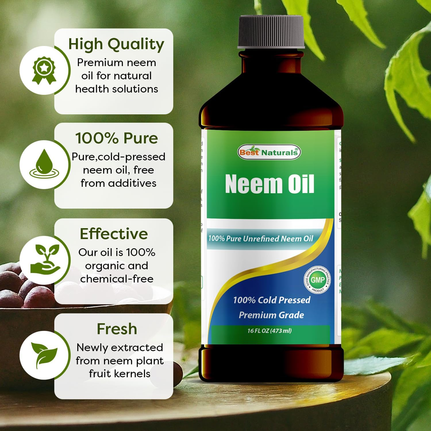 Best Naturals 100% Pure Neem Oil, 100% Cold Pressed and Unrefined - 16 OZ (1 Bottle) image number 1