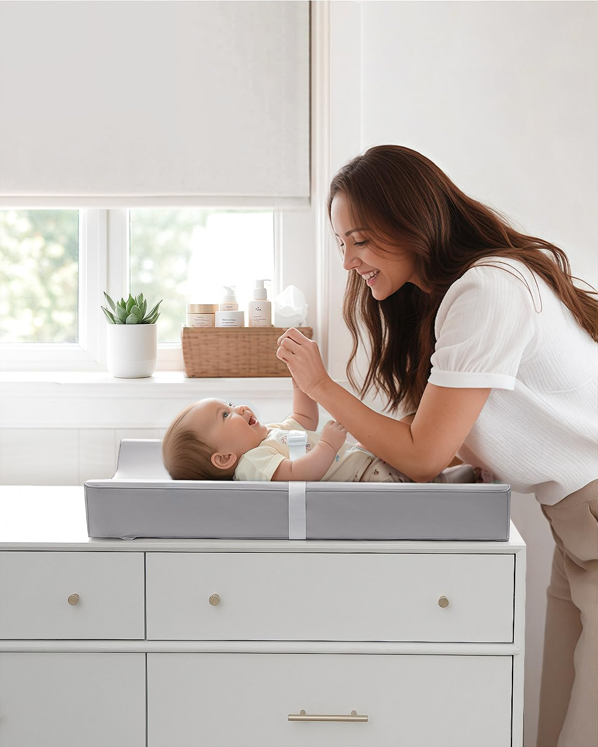 Yunking Vegan Leather Baby Changing Pad with Waterproof & Wipe-Clean PU Cover, Standard Size Cozy Baby Changing Table Pads for Dressers/Tables, Taupe