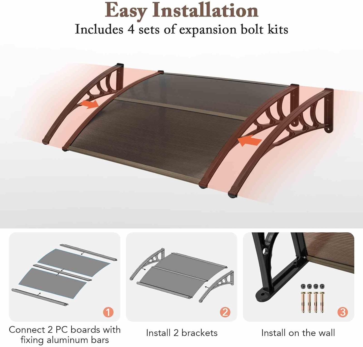 Costway 122 X 99Cm Window Door Awning Canopy W/ UPF50+ Sun Rain Snow Protection Hallow Polycarbonate Sheet, Entry Door Outdoor Patio Overhang Awing Exterior (Coffee) image number 2