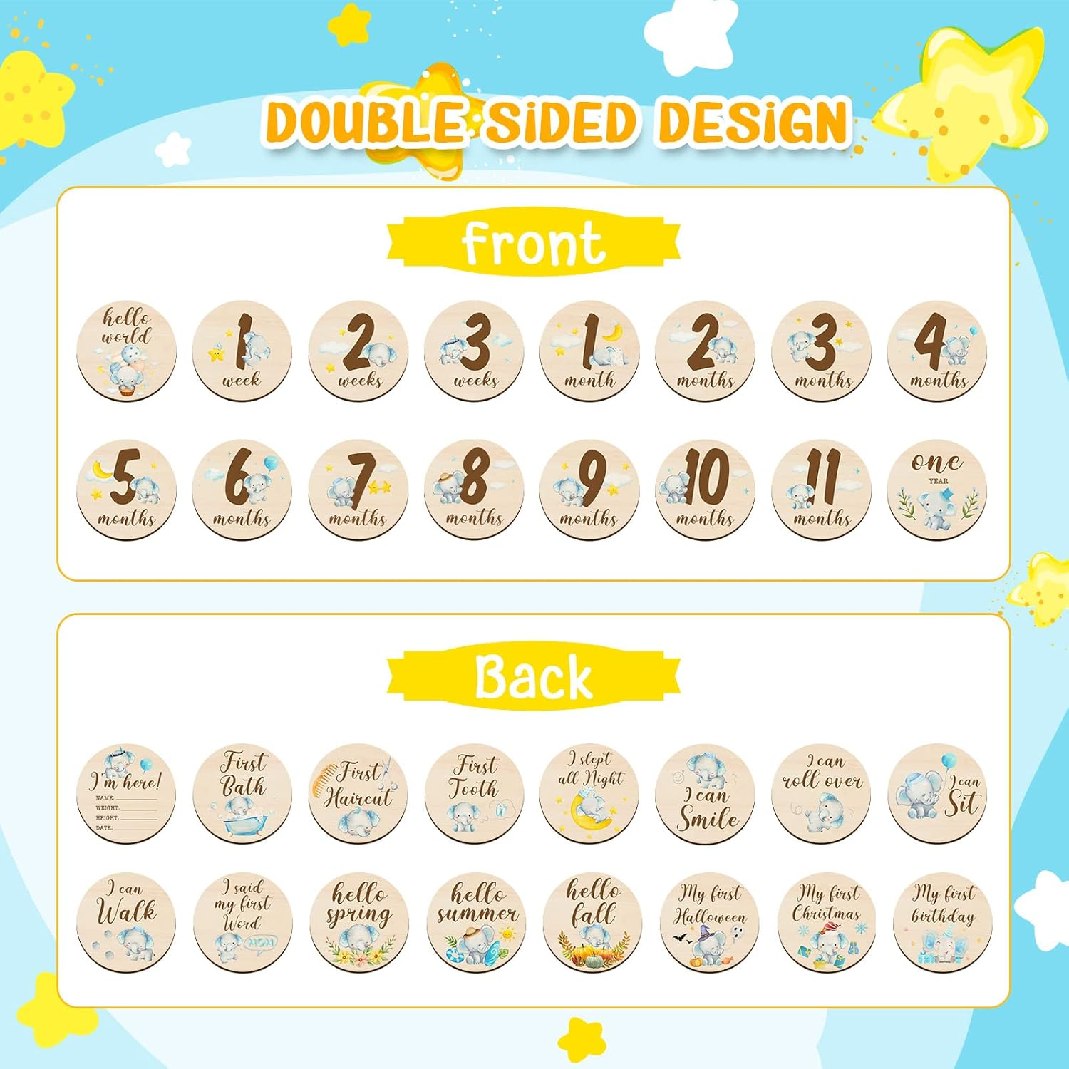 16 Pieces Wooden Baby Monthly Milestone Cards Baby Monthly Milestone Marker Discs Double Sided Monthly Milestone Wooden Circles Baby Months Signs for Baby Shower Newborn Photo Props(Blue Elephant)