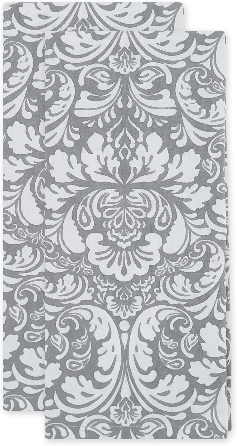 DII 100% Cotton, Everyday Basic Kitchen Dishtowel, Tea Towel, Drying, Damask Printed, 18 X 28 Set of 2- Gray - Eggplant image number 2