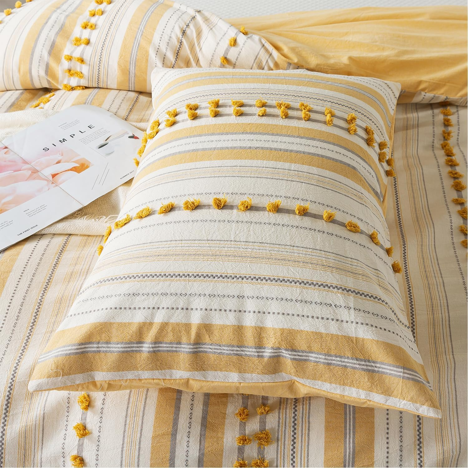 La Sheer Washed Cotton Queen Size Duvet Cover Set - Tufted Dots Boho Chic Bedding for All Seasons, Striped Pom Pom Bedding Linen like Textured Breathable Durable Soft Comfy (Yellow, 90X90'') image number 1