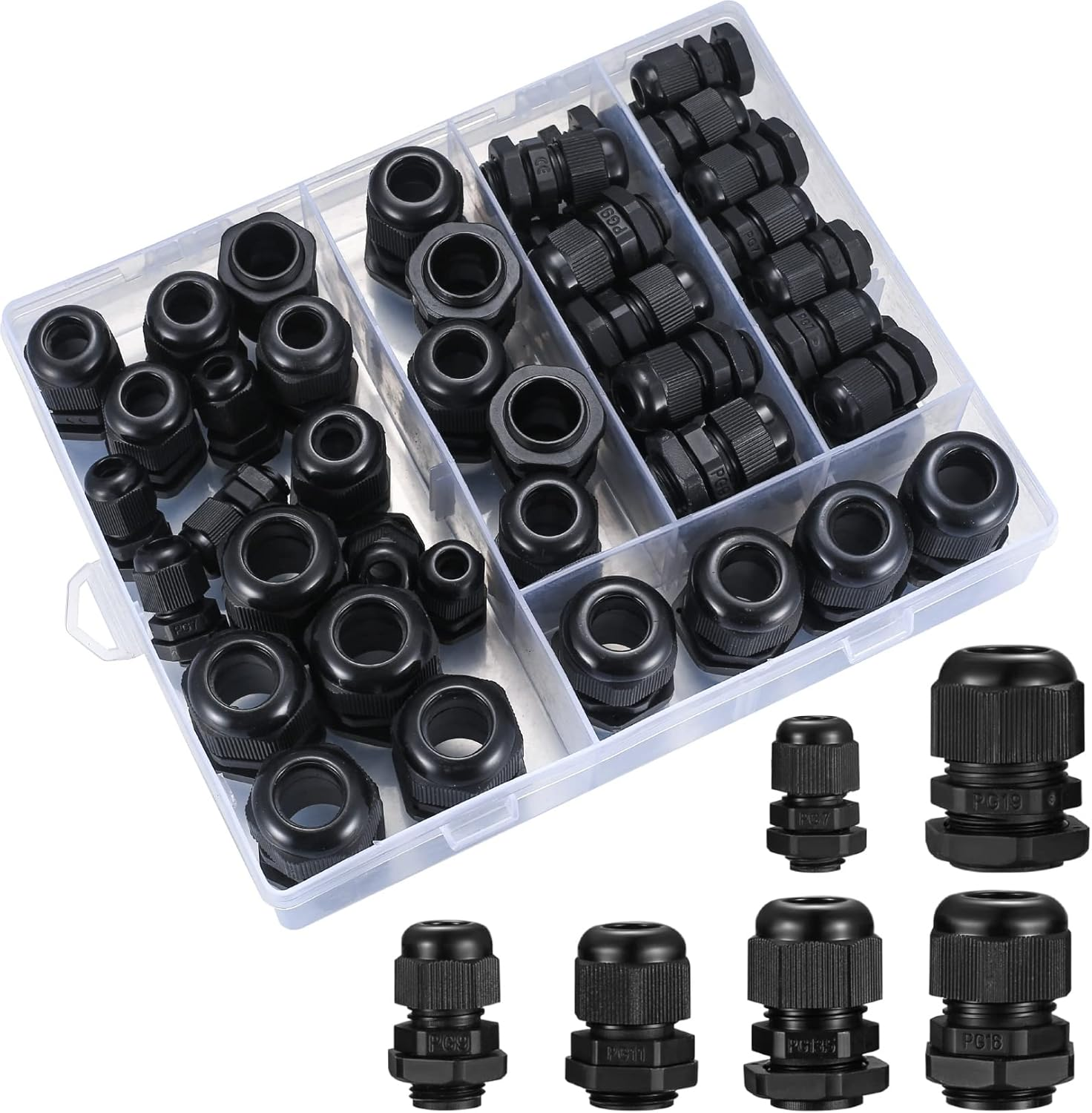 Pack of 50 Cable Glands Set, IP68 Waterproof Adjustable Cable Grommet, Black Adjustable Cable Connectors, Cable Connectors Set - PG7/9/11/13.5/16/19/21 PG25/29/36/42/48/63