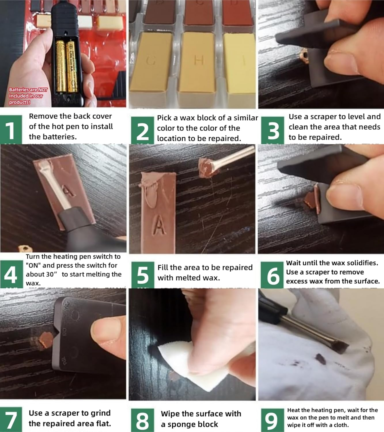 Wood Floor and Furniture Repair Kit, Touch up for Scratches, Stain, Crack, Hole with Melting Tool, 11 Colors Repair Wax Sticks for Repair and Covering of Wooden Floor, Table, Carpenter, Bedpost image number 5