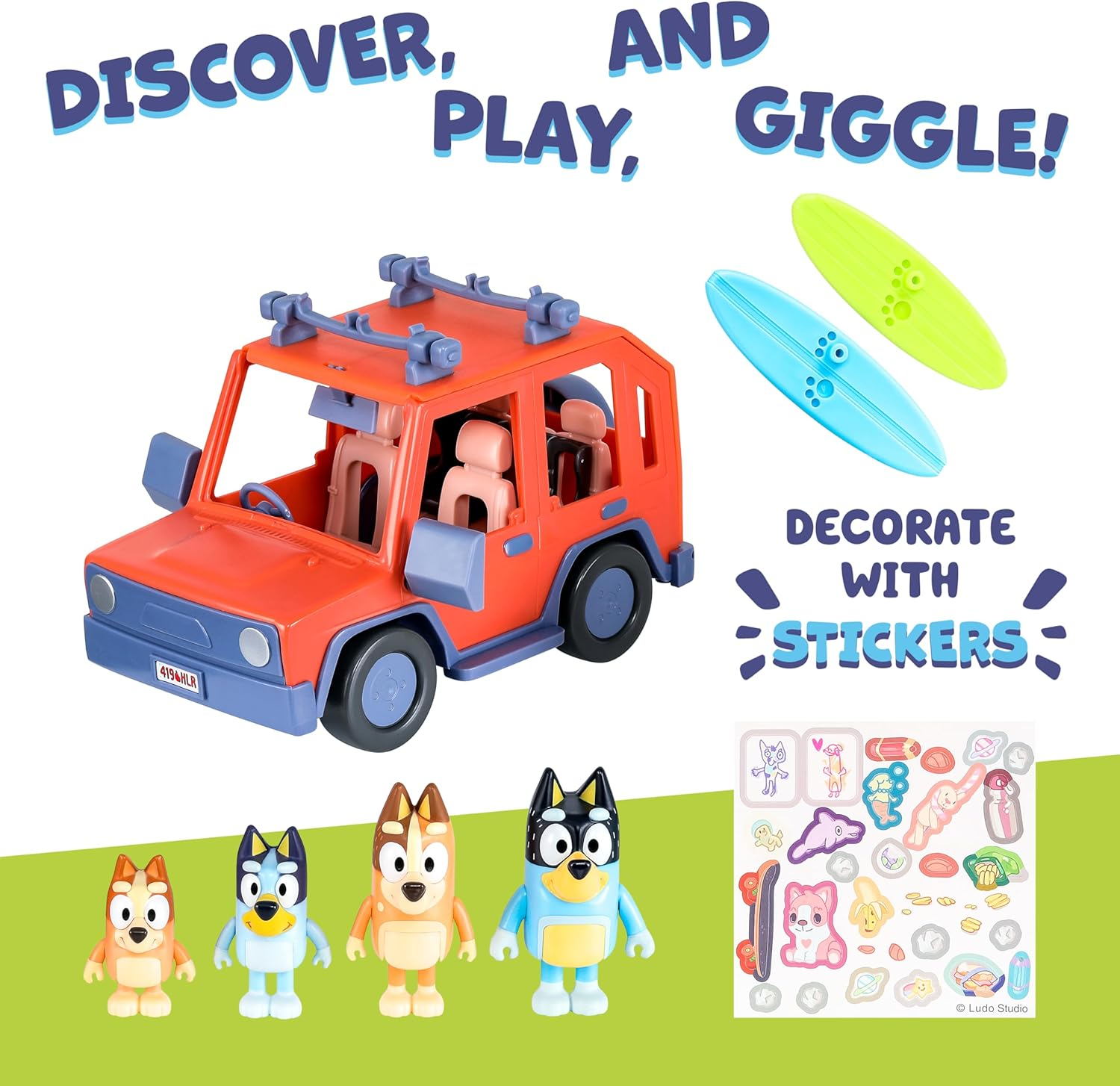 Bluey Heeler Family 4WD Vehicle and 4 Figure Pack, 6.3-7.6Cm Figures, 2 Surfboards Accessories and Stickers. image number 6