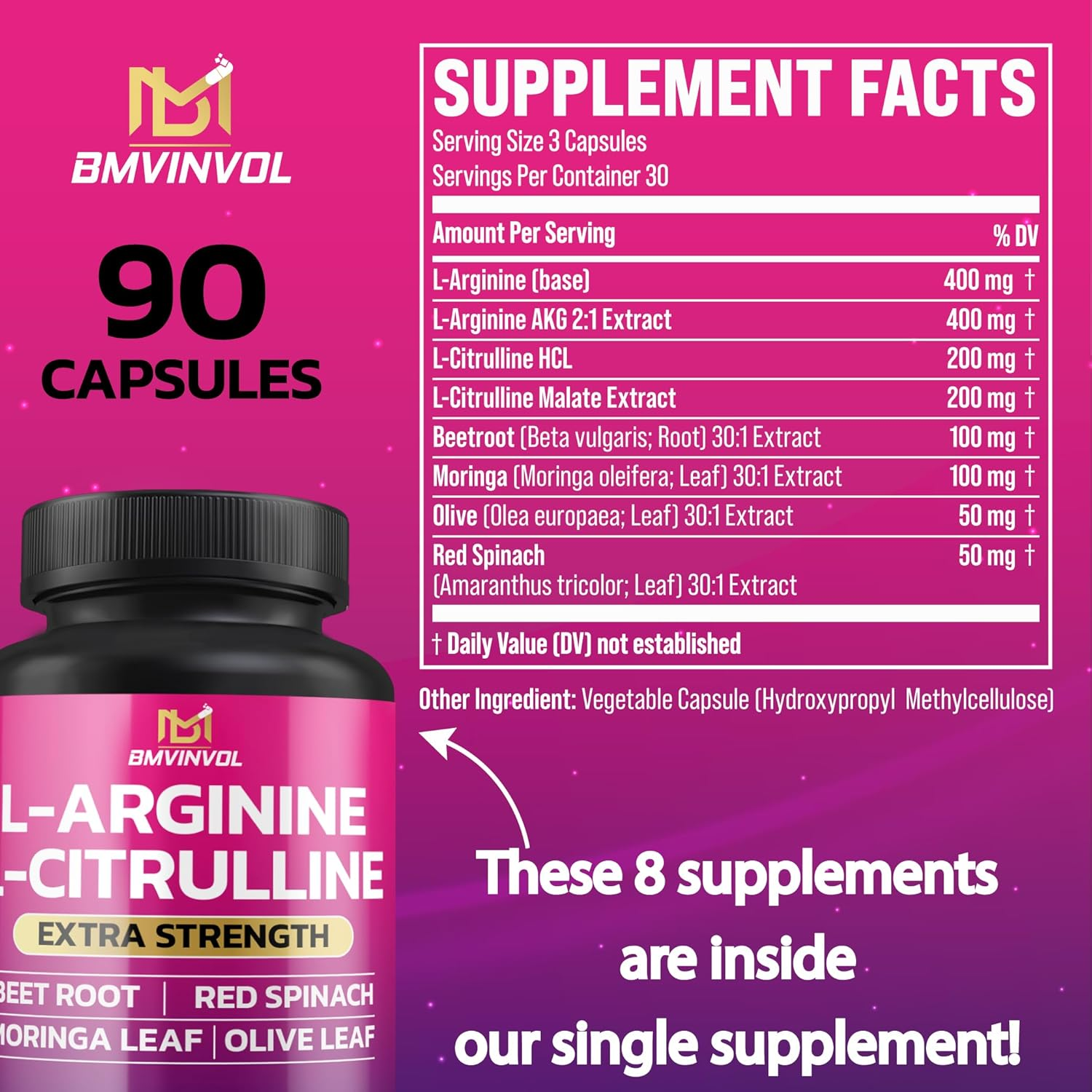 L Arginine L Citrulline Supplement plus Beet Root, Moringa, Olive, Red Spinach (30:1 Extract) for Support Energy Levels - 90 Capsules image number 3