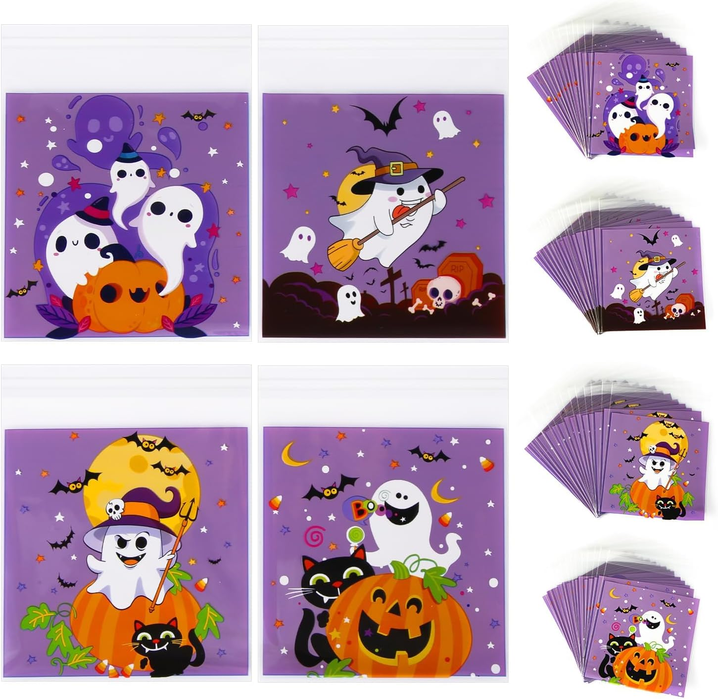 ZANZER 400 PCS Halloween Cellophane Treat Bags - Self-Adhesive Clear Bags for Trick or Treat Candy, Cookies, Snacks, Gifts, Party Favors
