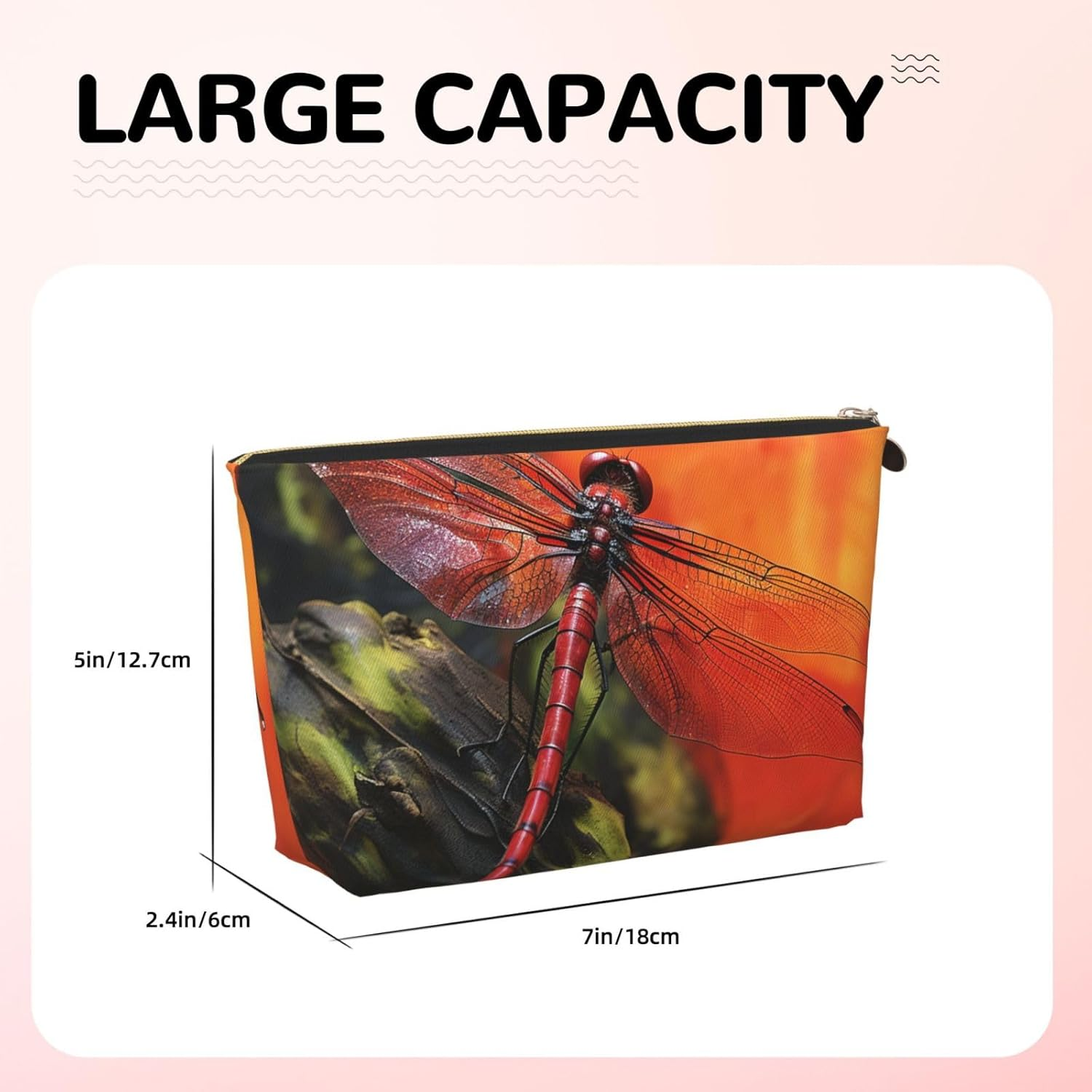 SDTYKHJ Large Capacity Makeup Bag for Women, Waterproof Portable Shaving Bag, Small Toiletry Bag, Red Dragonfly, Leather Cosmetic Organizer Bags for Travel, Gold, One Size image number 1