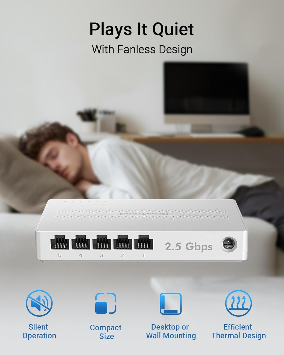 Brostrend 5 Port 2.5Gbe Ethernet Switch Unmanaged Network Switch, 2.5Gbps Bandwidth Ethernet Splitter, Ideal for Gaming & Offices, 4K Video, Fanless Design, Plug & Play, Limited Lifetime Protection image number 1