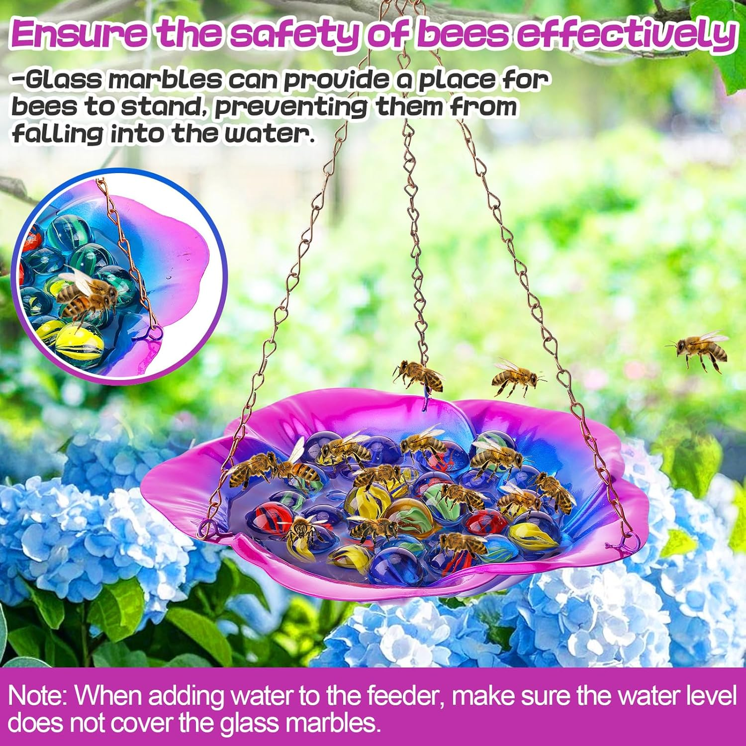 Bee Feeder with Vivid Flower Design, Anti-Rust Iron Bee Watering Station for Feeding, Colorful Butterfly Bath Bowl Bee Cups with 30 Glass Marbles for Outdoor Yard Garden Decor Gifts (Blue-Purple) - Blue Mix Purple image number 3