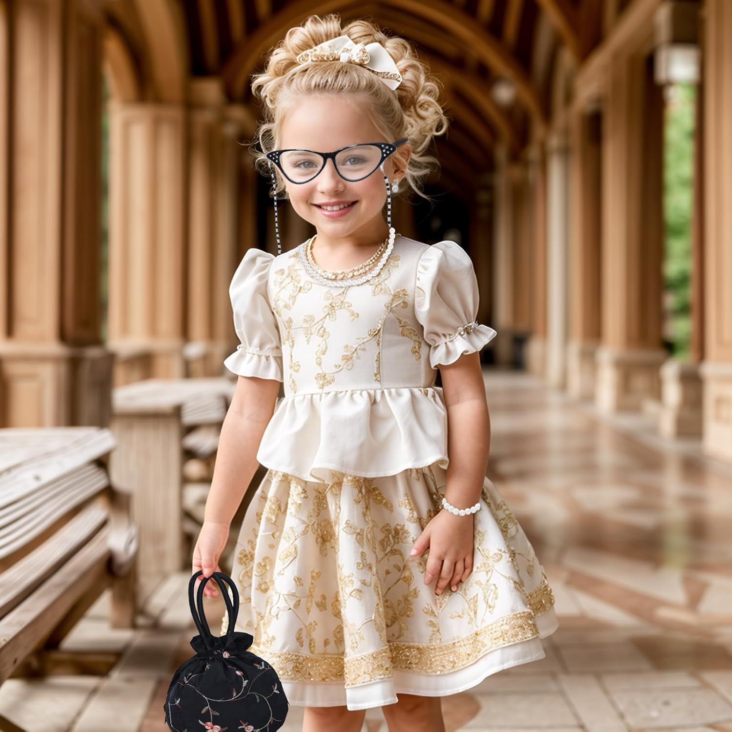 5 Pcs Old Lady Costume Set Grandma Granny Glasses Eyeglasses Chain Pearl Necklace Bracelet for Women Granny Halloween Costume image number 5