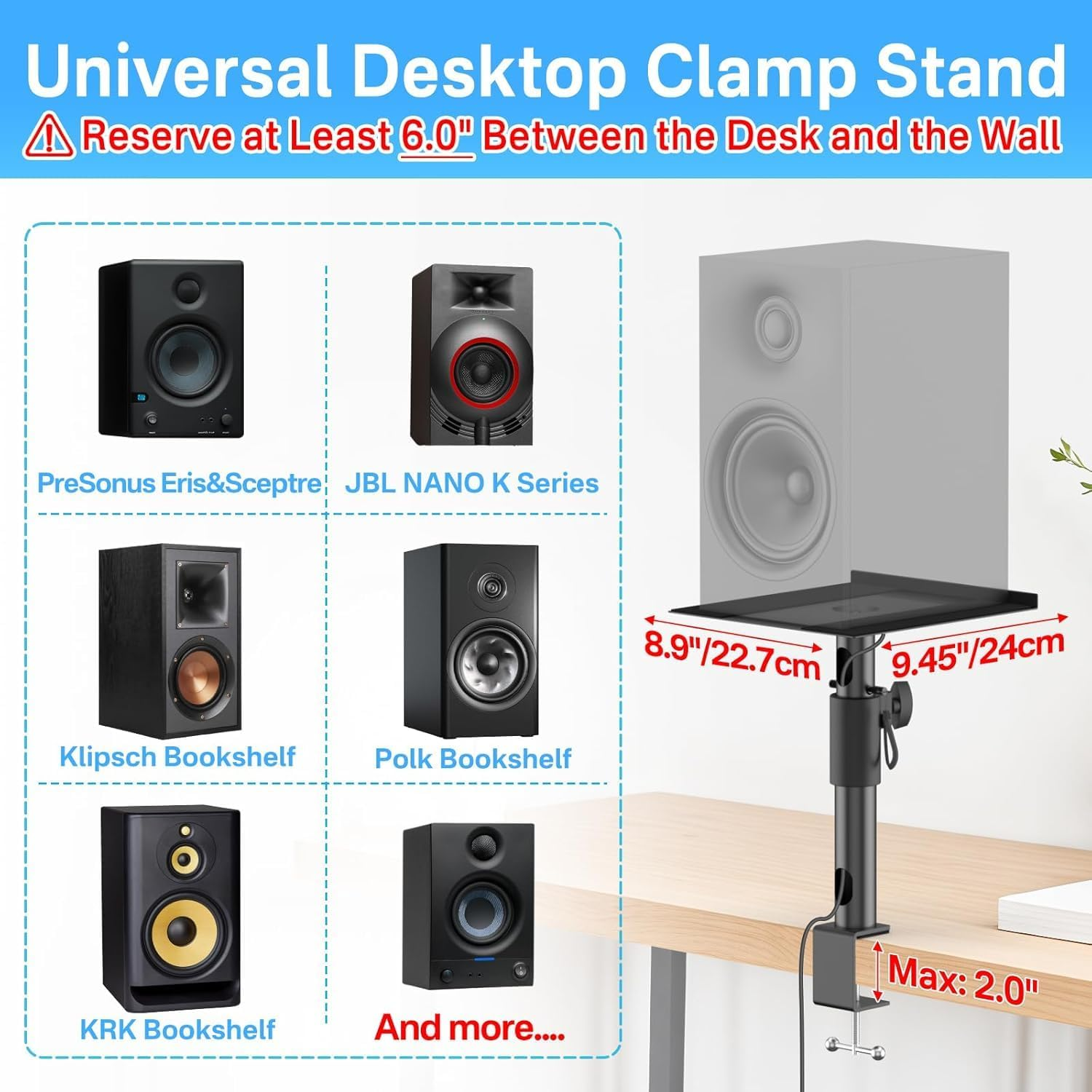 Desktop Speaker Stands, One Pair, for Studio Monitor Speaker Stands, Adjustable Height, 30 Lbs, 10 Degrees Tilt, Desk Clamp Stand (Black) image number 3