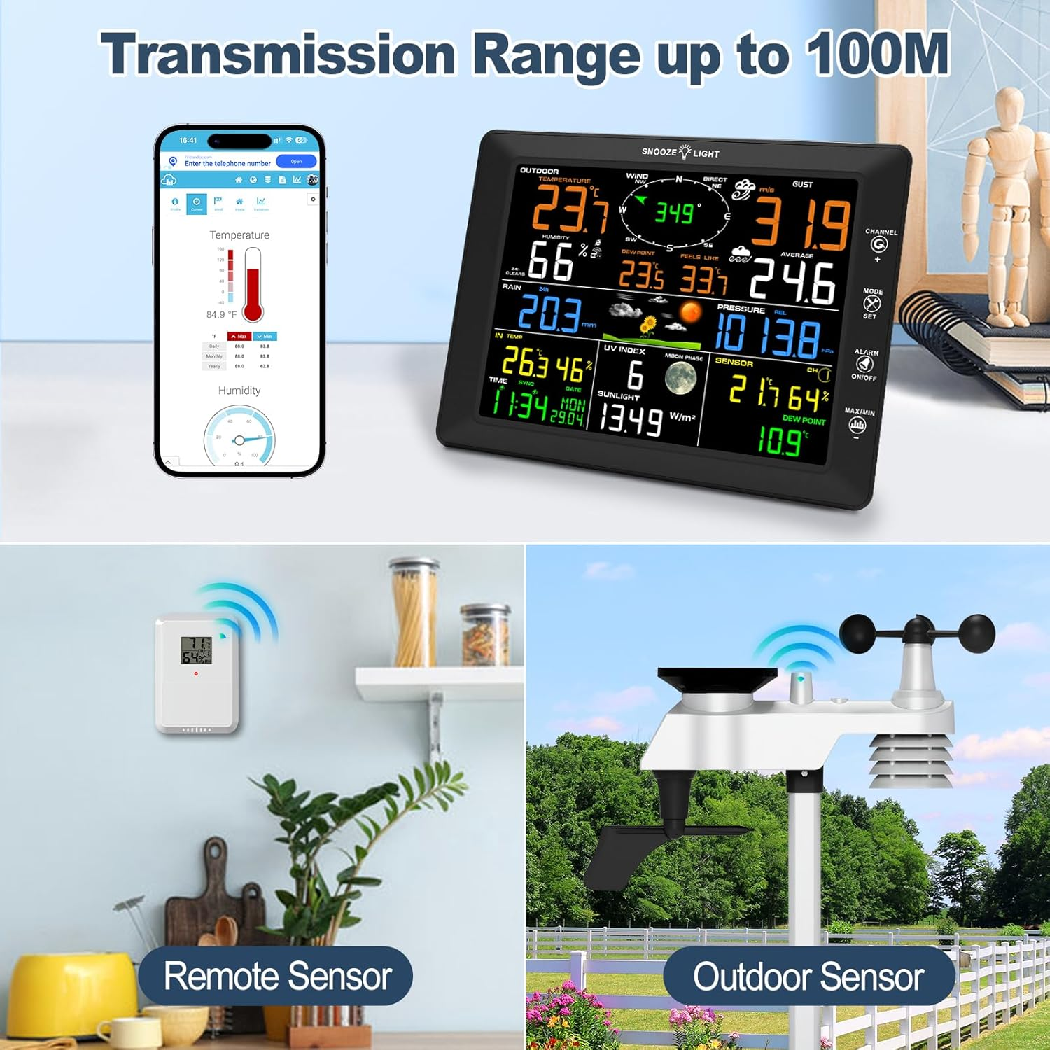 Urageuxy 14-In-1 Wifi Weather Station, 20.5CM Color Display, Weather Stations with Rain Gauge, Wind Speed/Direction, Temperature, Humidity, UV Index, Air Pressure, Forecast - Home, Garden, Farm image number 6