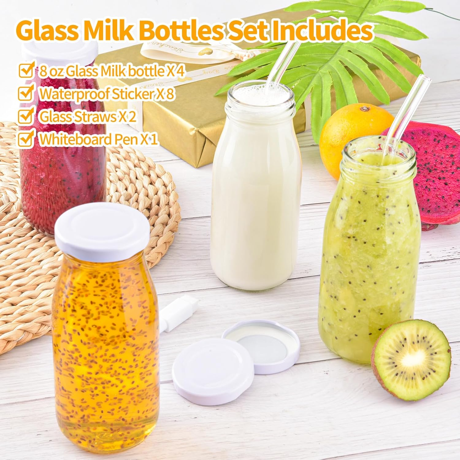 V&middot;Colokishi 6Pcs 250Ml Glass Milk Bottles with Lids, Mini Milk Bottles, Glass Straws, Labels and Whiteboard Pen for Beverages, Weddings Decoration image number 2