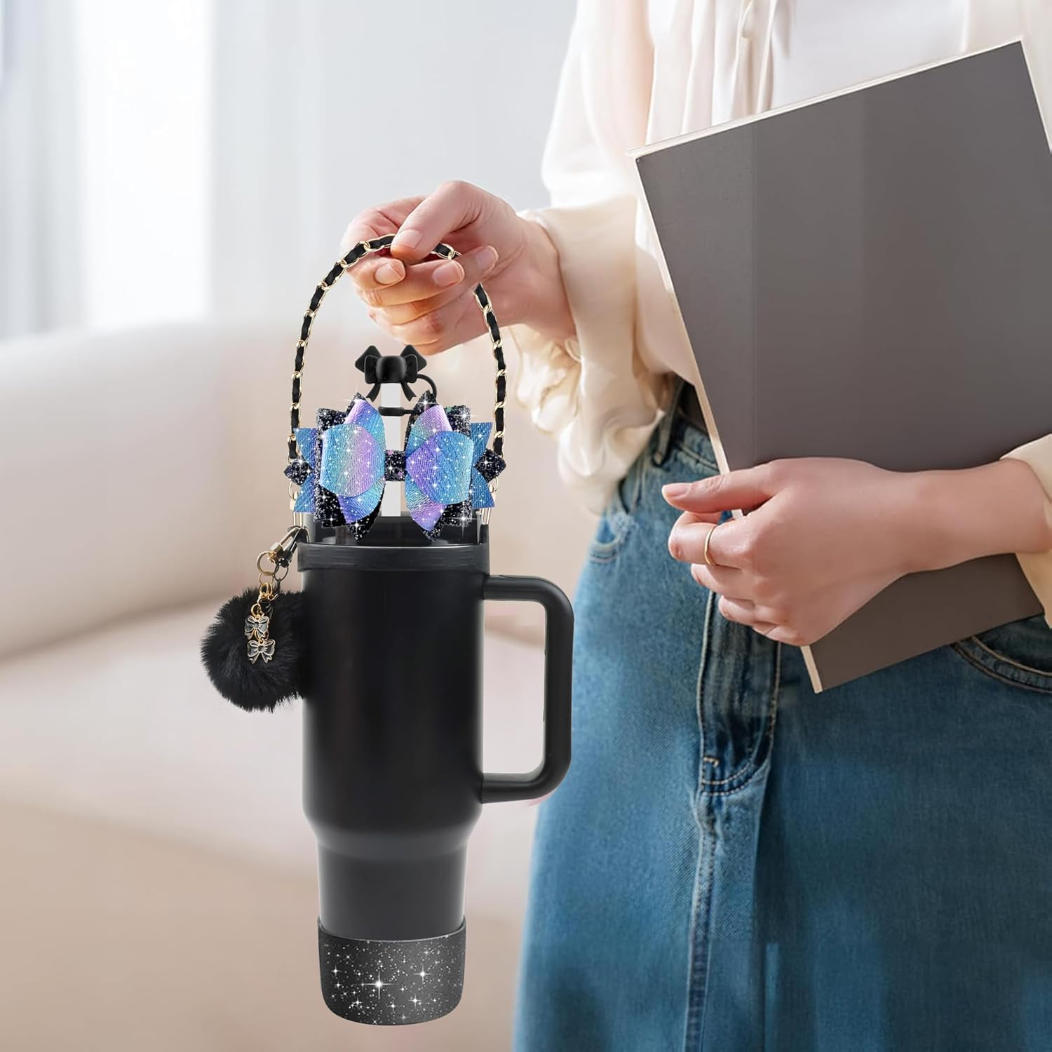 XIANGYUAN Bling Stanley Cup Accessories for 40Oz & 30Oz Tumbler Including Silicone Cute Bow Straw Topper Cover, Silicone Stanley Cup Boot,Leather Water Bottle Handle Strap, Charms - Pink image number 4