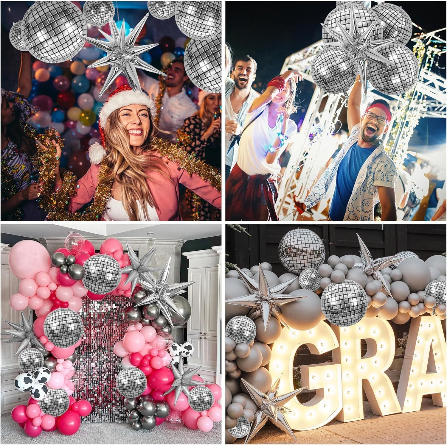 18 Pcs Disco Ball Balloons 4D Large Foil Balloons with 2 Gold Microphone Balloons Explosion Star Aluminum Foil Balloons 22 Inches 15 Inches 10 Inches Silver Disco Balloons for Disco Party Supplies image number 6