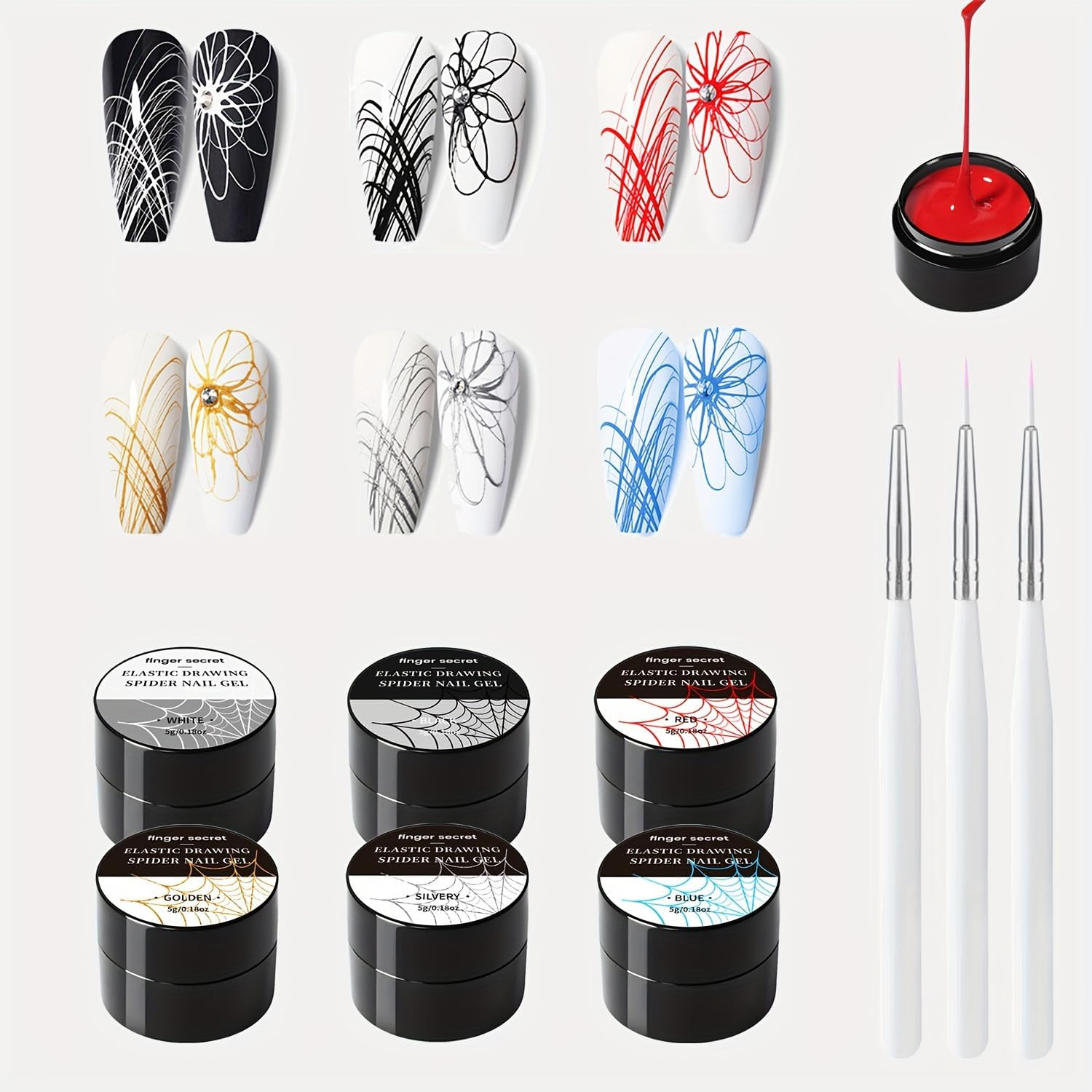 Finger Secret Spider Nail Gel 5G/0.18Oz,2Colors Nail Spider Gel,Spider Web Gel Nail Art,Spider Gel Drawing Gel Nail Polish Set Nail Art Wire Drawing Gel for Line with Nail Art Brushes (White Black)