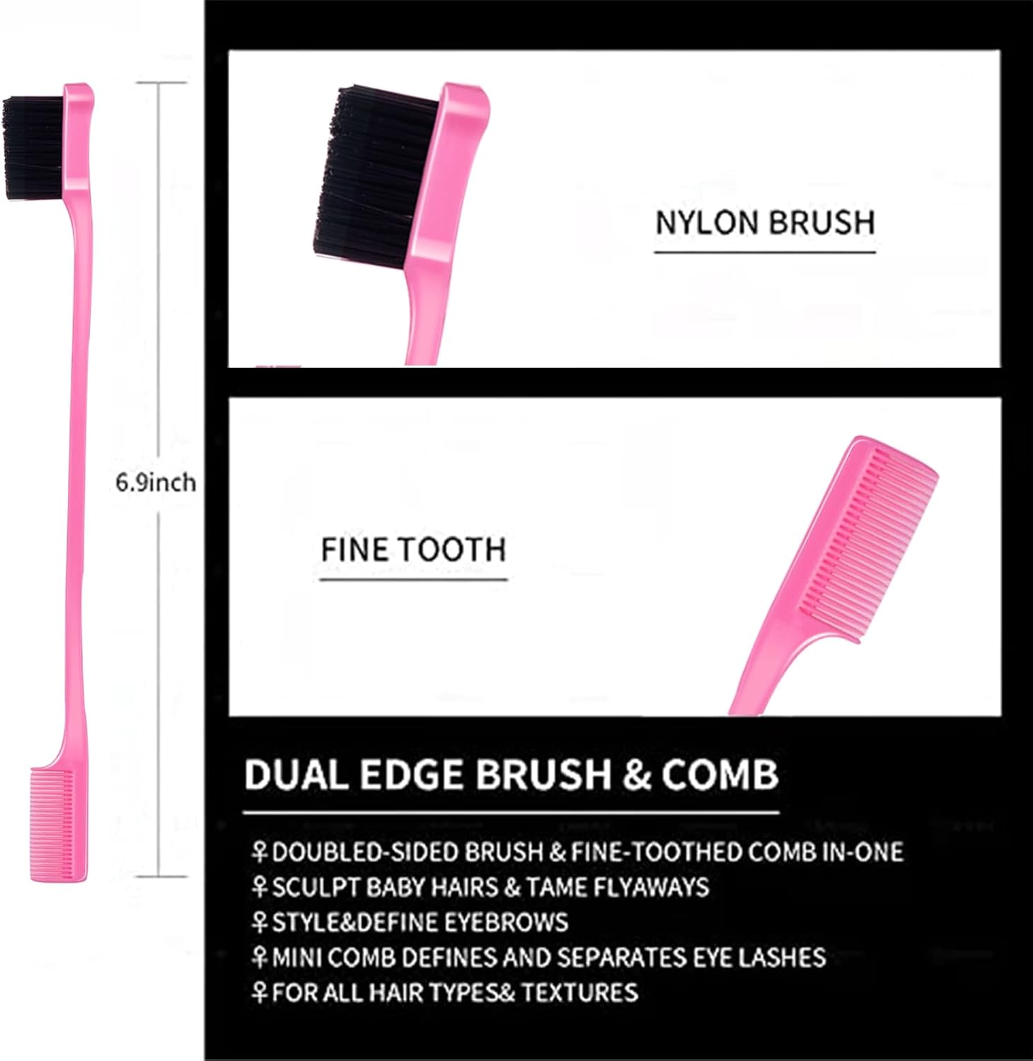 8 Pieces Styling Comb Set - Teasing Brush, Rat Tail Comb, Edge Brush for Slicking and Combing Hair for Women (Pink) - Black image number 5