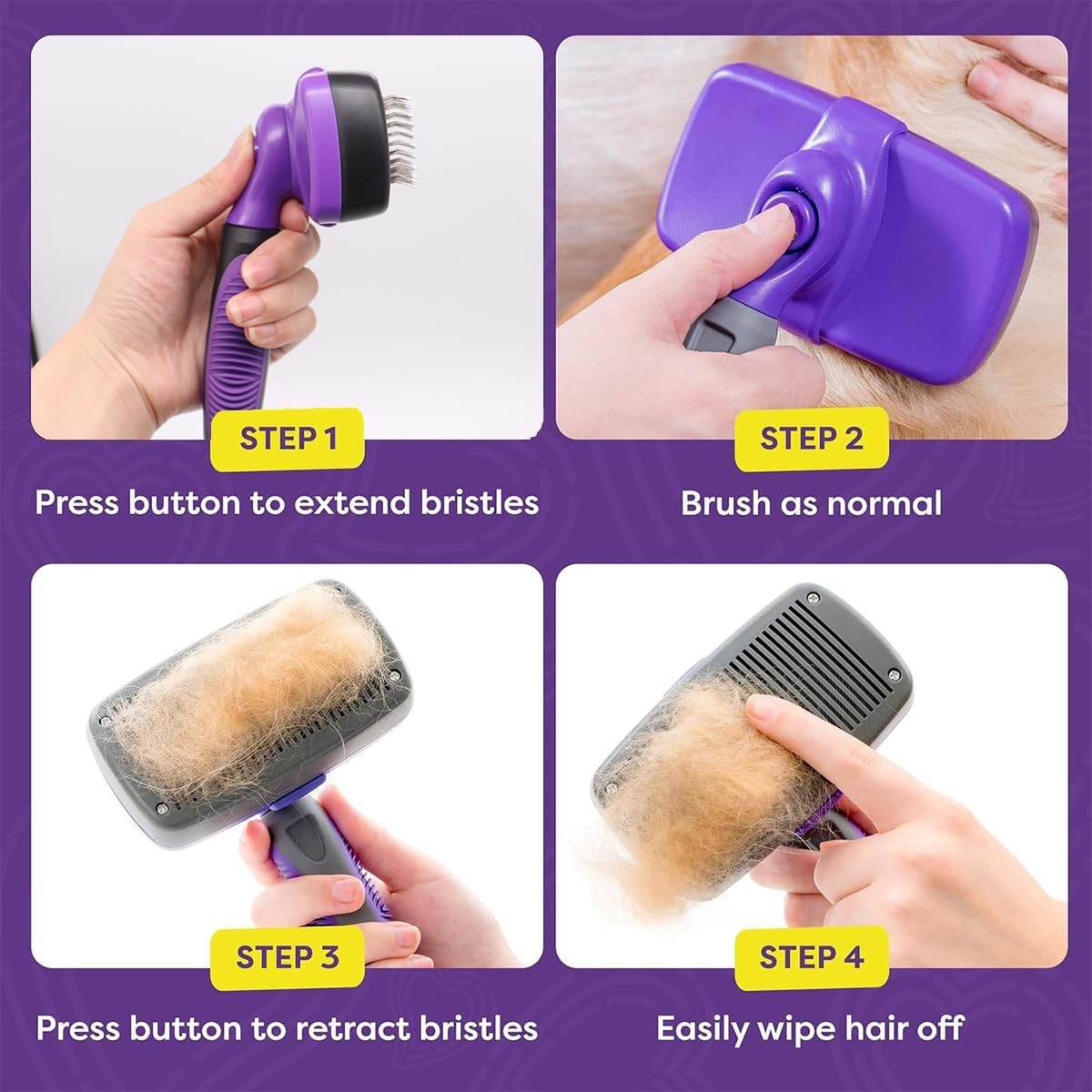 Self Cleaning Slicker Brush for Dogs & Cats, Gentle Deshedding and Hair Removal Tool for Long & Short Haired Pets, Easy Push Button, Purple - Blue image number 6
