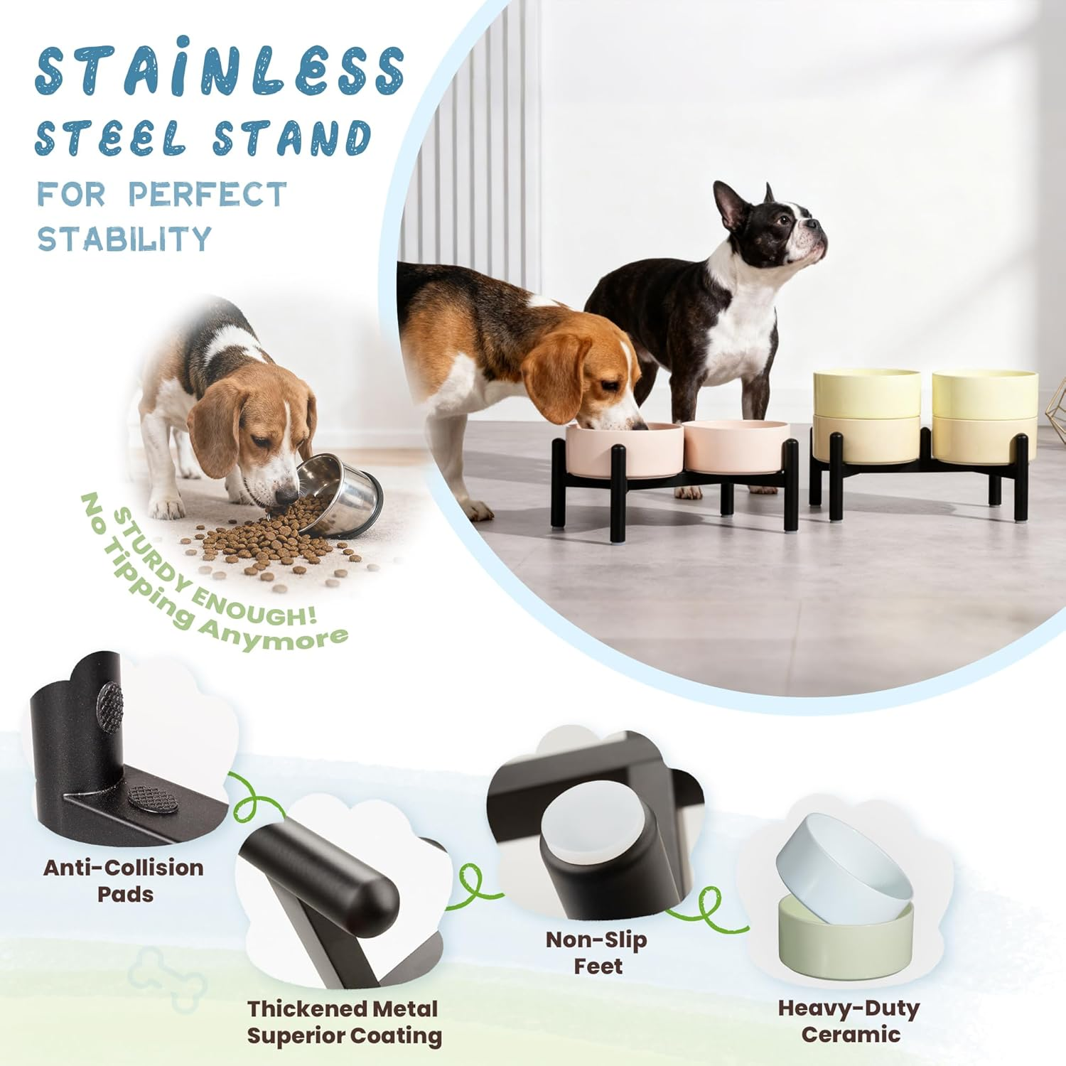 Ceramic Elevated Dog Bowl Set - Dog Feeder Station with Cute-Style Double Bowls for Small and Medium Size Breed - Non-Slip Raised Dish for Food and Water Feeding- 6 Inch - 3.5 Cups / 20 Fl Oz - Khaki image number 4