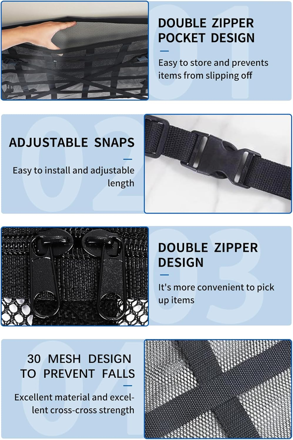 ZAOZAOLLND Car Ceiling Cargo Net Pocket, Three Sizes: 90 * 65CM Strengthen Load-Bearing and Droop Less Mesh Organizer, Long Travel Road Trip,Item Storage (Black, 90 * 65Cm) image number 2