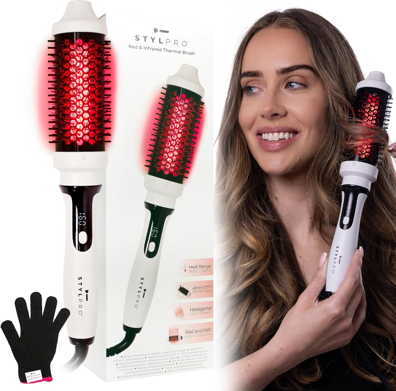 STYLPRO Thermal Brush with Red and near Infrared Leds - 58 NIR + 84 Red Leds, Ceramic Cylinder, Adjustable Heat, Lightweight Blowout and Curling Brush for All Hair Types image number 6
