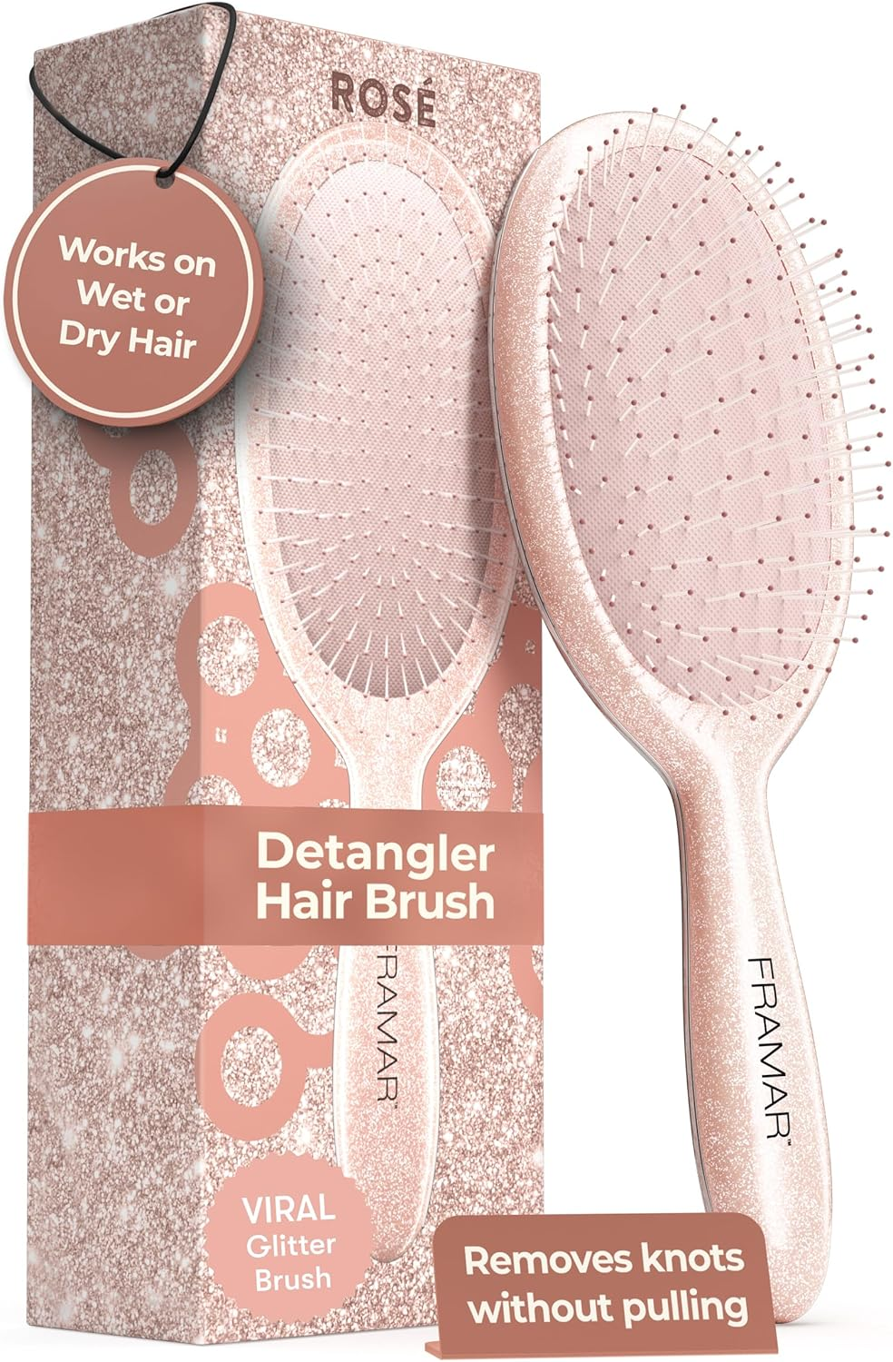 FRAMAR Glitter Hair Brush Detangler, Detangling Hairbrush for Women, Wet Hair Brush for Girls, Hair Detangler Brush, Wet Hairbrush, Hairbrushes, Girls Hairbrush Detangler, Reduces Frizz &ndash; Ros&eacute;