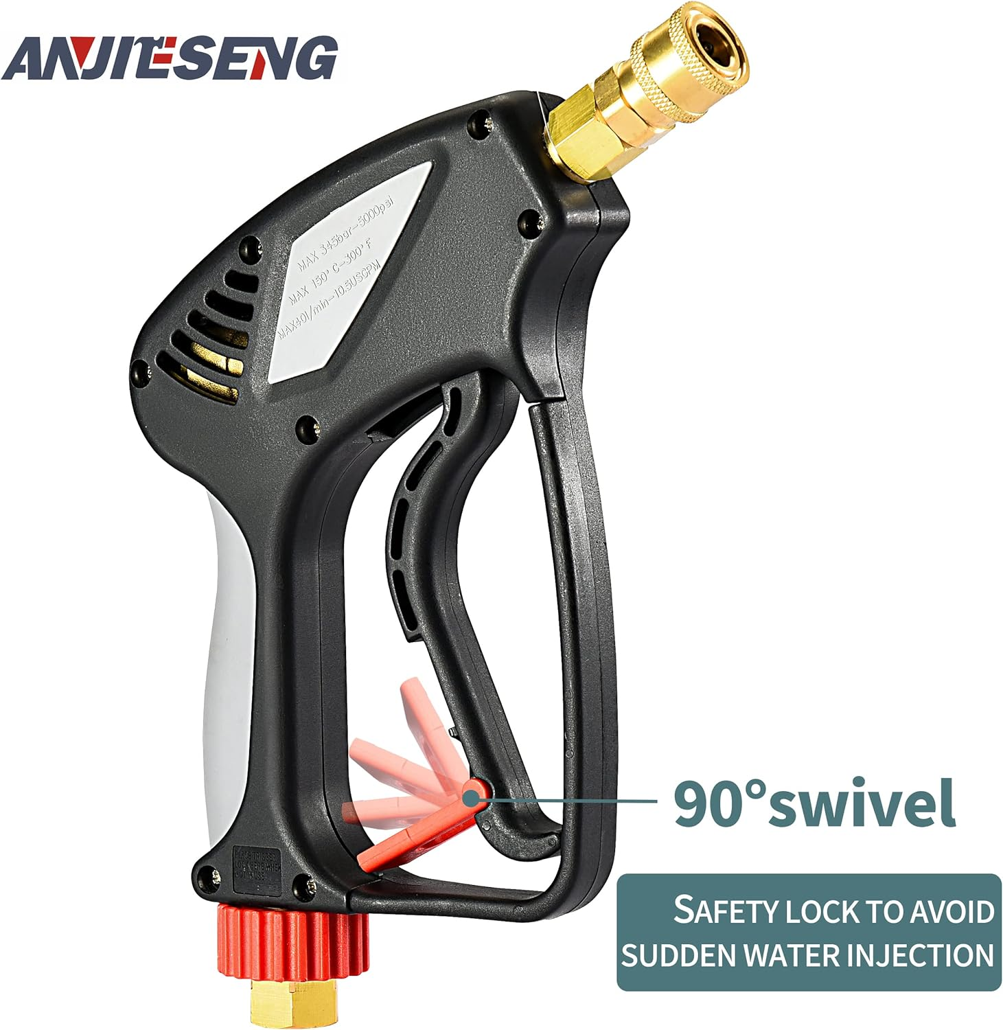 ANJIESENG Pressure Washer Short Gun, 5000 PSI /10.5 GPM Industrial Grade Best for Gas Power Washer with 360 Degree Swivel, 3/8&rdquo; Quick Connector M22 14 Fitting with 1/4" Quick Socket 5 Nozzle Tips
