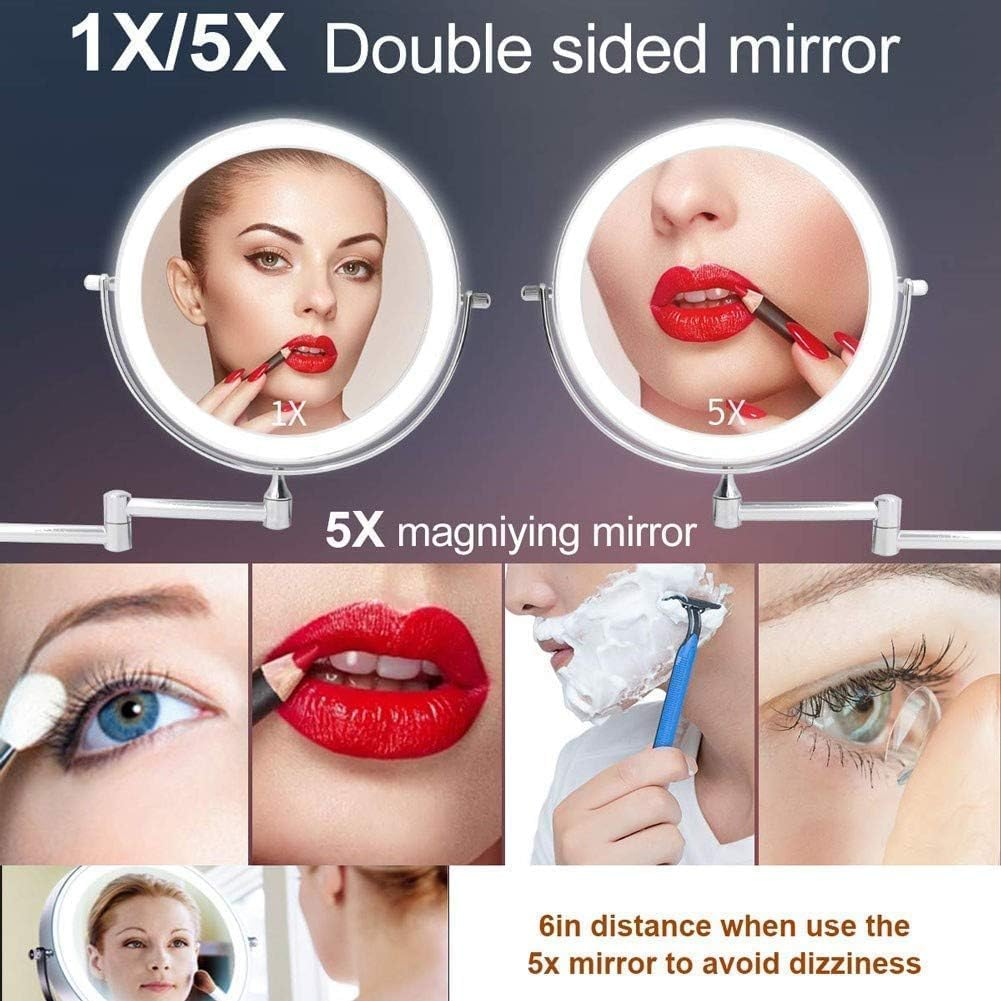 USB Rechargeable Mirror with 5X Magnification, Bathroom Mirrors Wall Mounted, 360&deg;Swivel and Extendable, Chrome, 8Inch image number 1