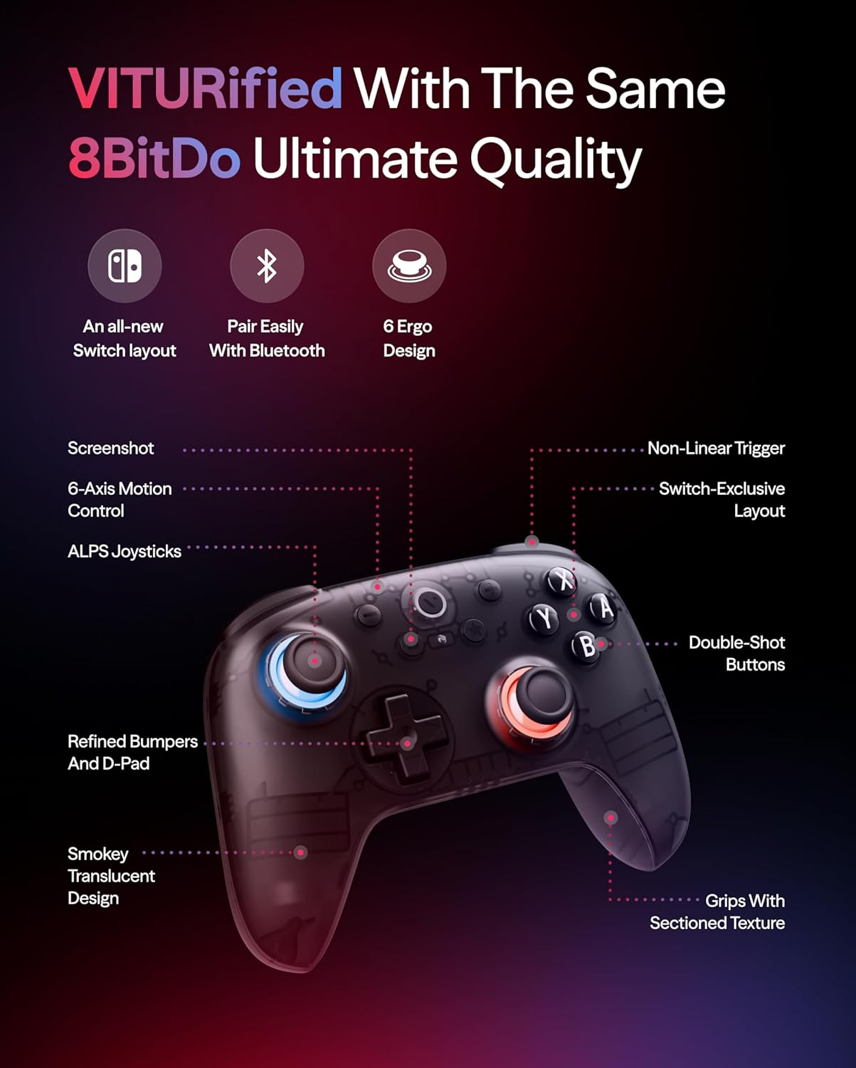 VITURE &times; 8Bitdo Ultimate 2C Bluetooth Gaming Controller for Switch & Switch 2 | 6-Axis Motion Control | Hall Effect Joysticks | Rumble Vibration | Turbo Function | Wake on Shake | Smoky Translucent image number 3