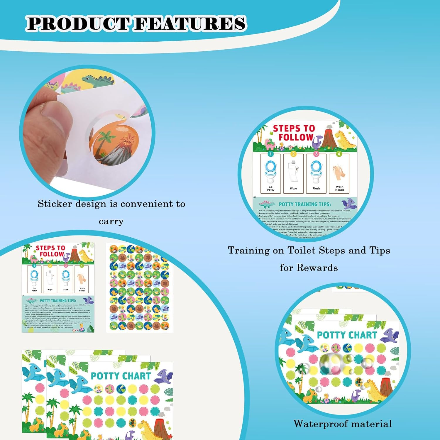 Toilet Training Reward Chart with Stickers, 10 Pcs Reward Chart for Kids for Potty Training, Cartoon Potty Training Products for Toddlers Boys & Girls, Stickers on Wall or Bathroom (Dinosaur)