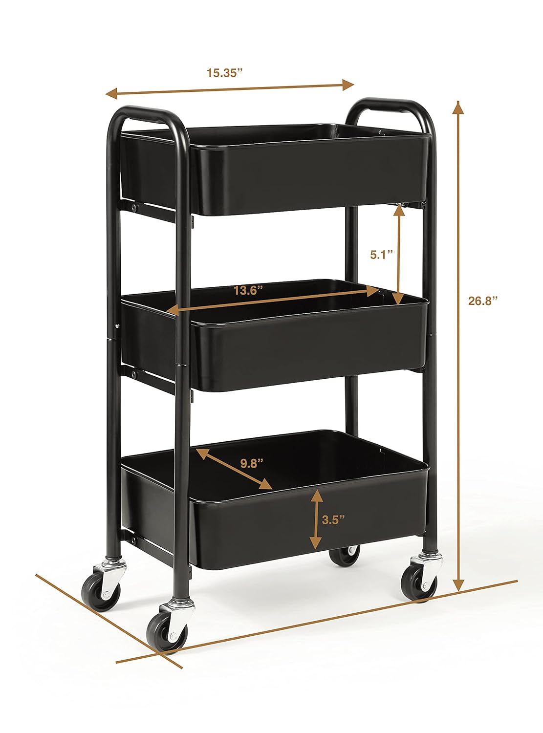 Sunnypoint 3-Tier Delicate Compact Rolling Metal Storage Organizer - Mobile Utility Cart Kitchen/Under Desk Cart with Caster Wheels (BLK, Compact (15.5" X 26.8" X 10.27"))