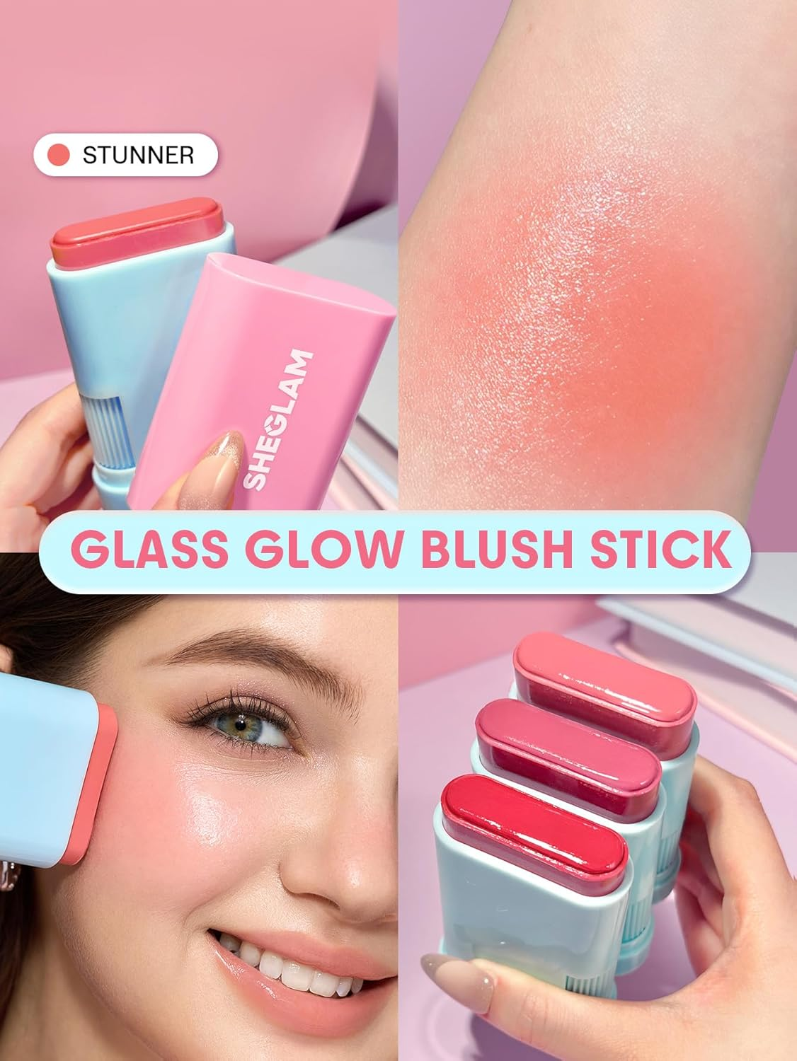 SHEGLAM Glass Glow Blush Stick Cream for Cheek and Lip, Waterproof Hydrating Tinted Solid Moisturizer Blendable Natural Grow Nude Face Blush Makeup-Stunner image number 2