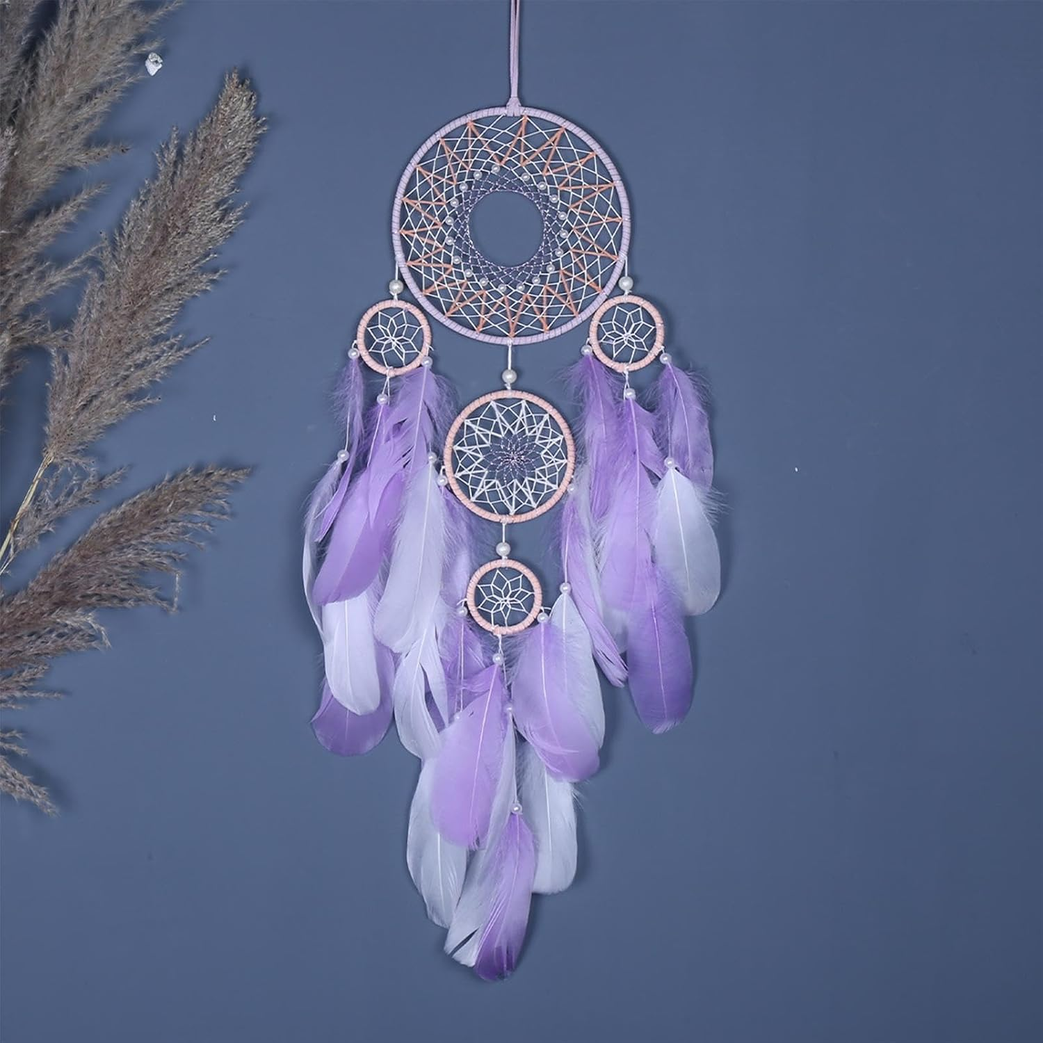 Dream Catcher Wall Decor,Decorative Ornament Art - Lucky Five Rings Feather Dream Catcher, Wall Hangable Decor for Kids Bedroom Living Room - Blue image number 7