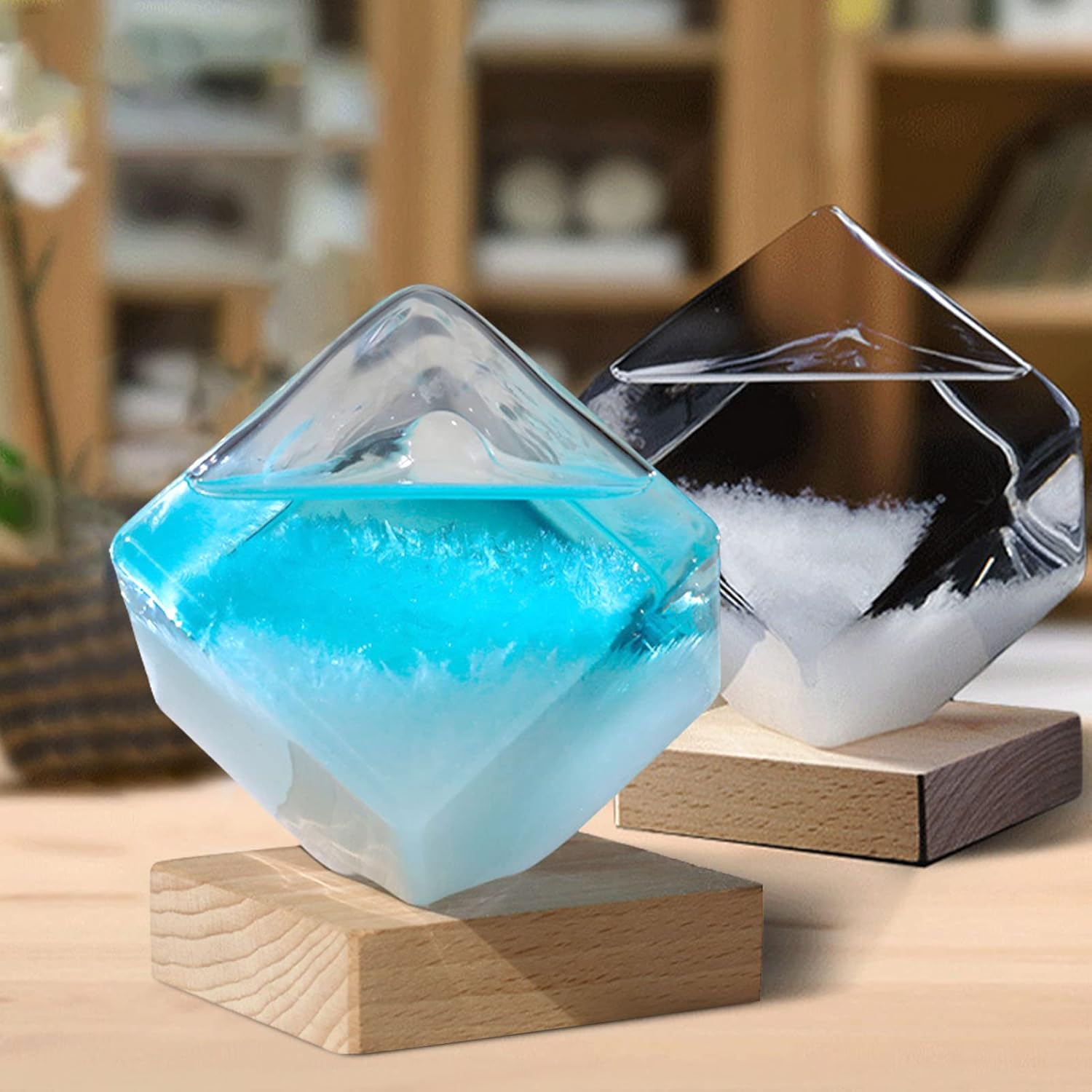 Water Cube Shape Weather Bottle with Wooden Base | Storm Glass Weather Station | Barometer Glass - Large Cube Weather Predictor | Practial Desk Ornament for Home, Desk, Birthday image number 5