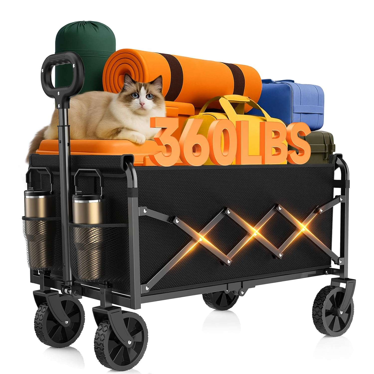 Folding Wagon Cart with Wheels, Lightweight Portable Wagons Carts Foldable 360 Lbs, Collapsible Wagon with Flexible Handle for Grocery Beach Sports Garden Shopping Camping