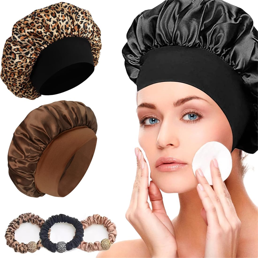 KIRZAX Pack of 3 Silk Caps for Sleeping, Breathable Sleep Cap, with 3 Hair Elastics, Satin Hair Cap for the Night, for Women and Girls (Black, Brown, Leopard) image number 2