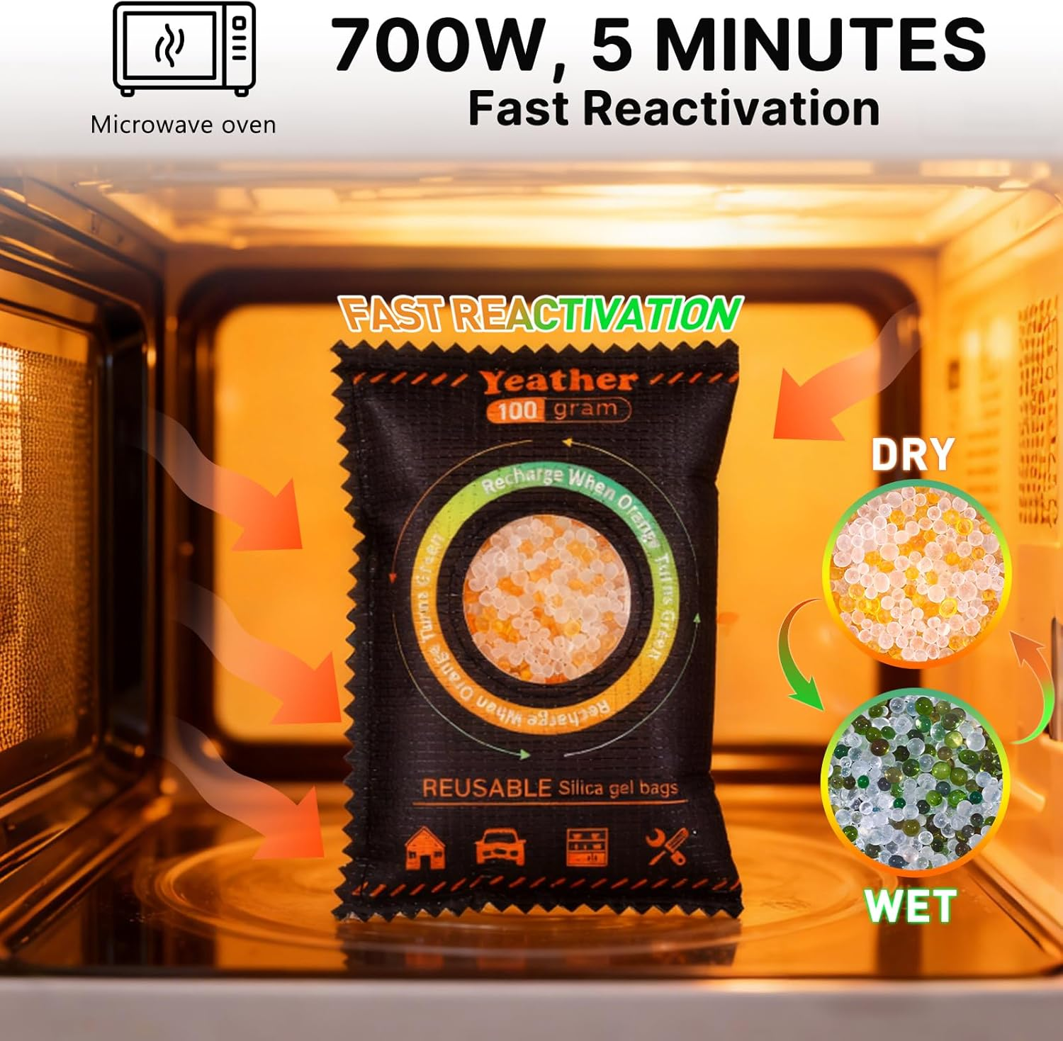 100G [4 Packs] Color Indicating Silica Gel Desiccant Packets, Rechargeable Desiccant - Moisture Absorbers for Bins, Gun Safes, Suitcases, 3D Printing Filaments, Electronics, Cars