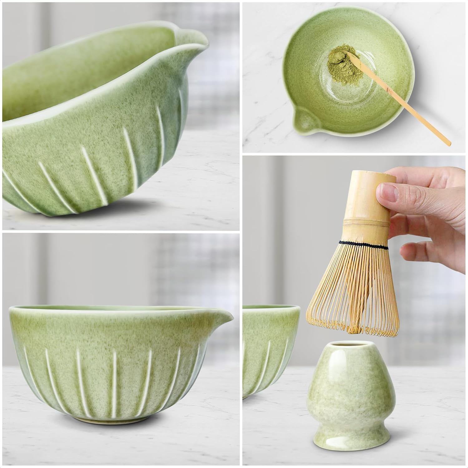Premium 5Pcs Japanese Matcha Whisk Set &ndash; Includes 500 Ml Matcha Bowl with Spout, Bamboo Chasen Whisk, Whisk Holder, Sieve and Scoop &ndash; Elegant Mottled Green Glaze with Vertical Pattern image number 1