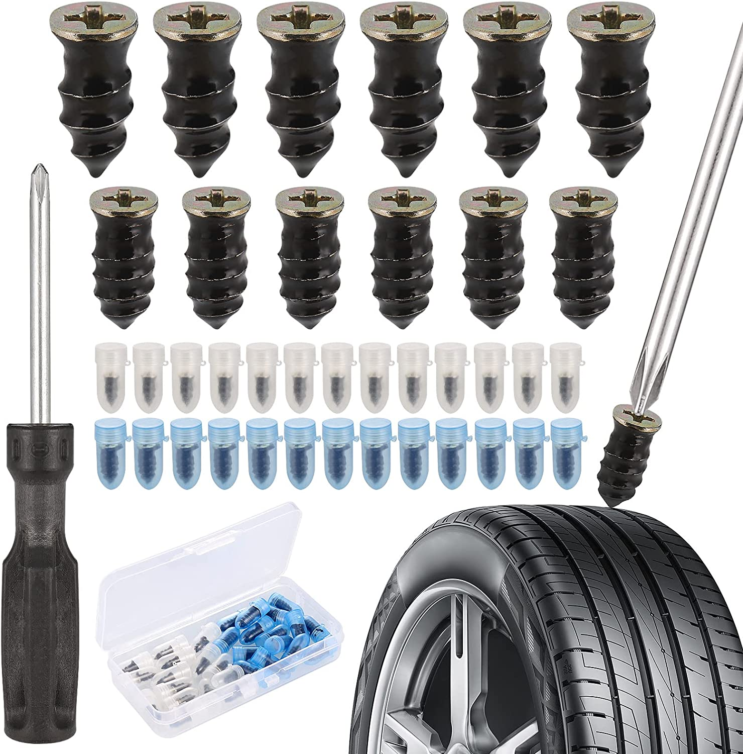 30Pcs Tyre Repair Kit Rubber Nails, Car Puncture Repair Kit with Screwdriver, Universal Tire Repair Fast Repair Nail for Auto Car Motorcycle (15 S+15 L) image number 3