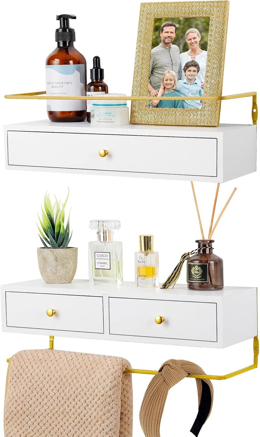 Floating Shelves for Wall Decor Storage, Wall Mounted Bathroom Shelf, Rustic Wood Wall Shelves with Drawers Set of 2 - for Home Decor, Bathroom and Room Decor, Kitchen Storage (Black)