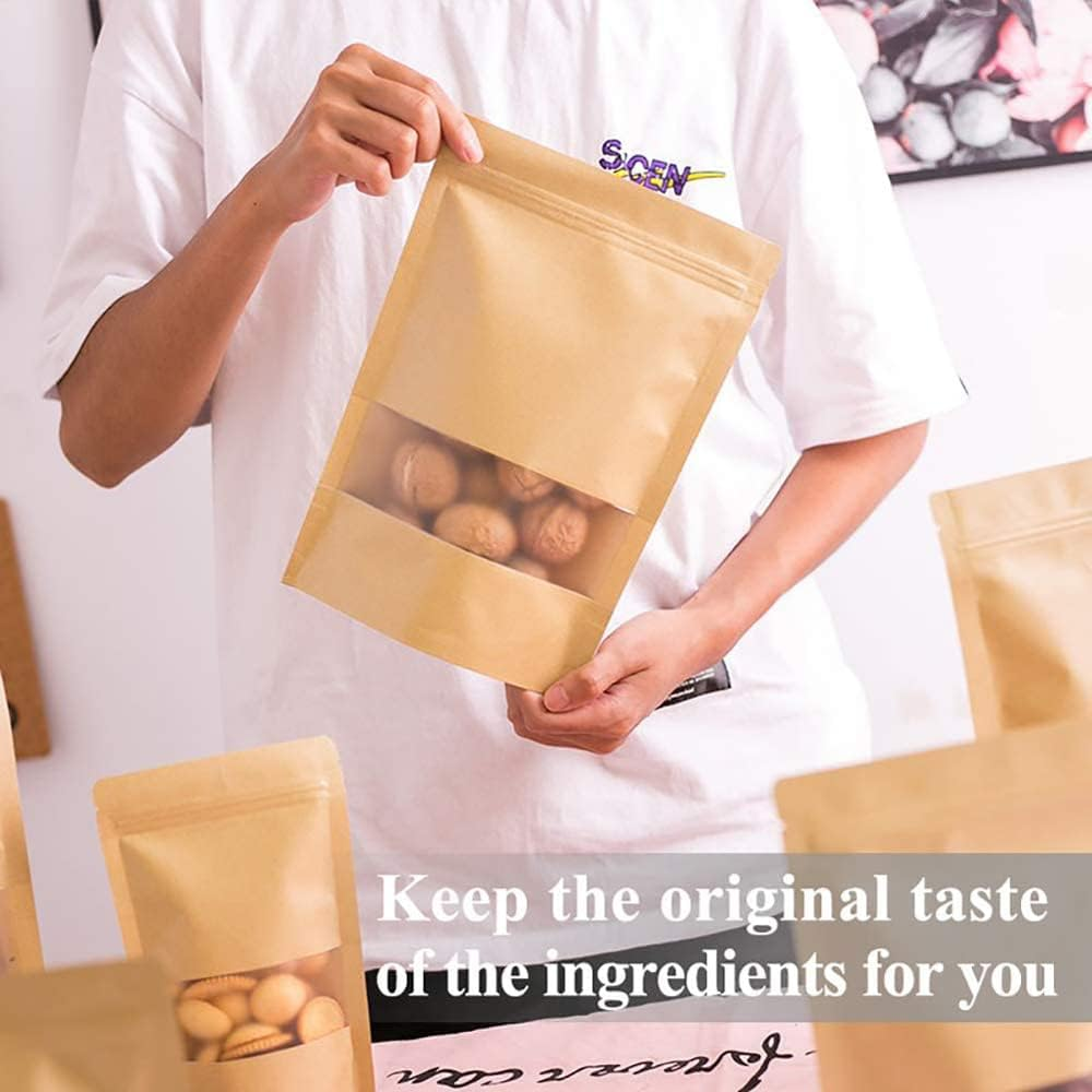 20Pc 9Cmx14Cm+3Cm Kraft Paper Stand up Doy Pouch Zip Lock Bags with Window Food Storage image number 3