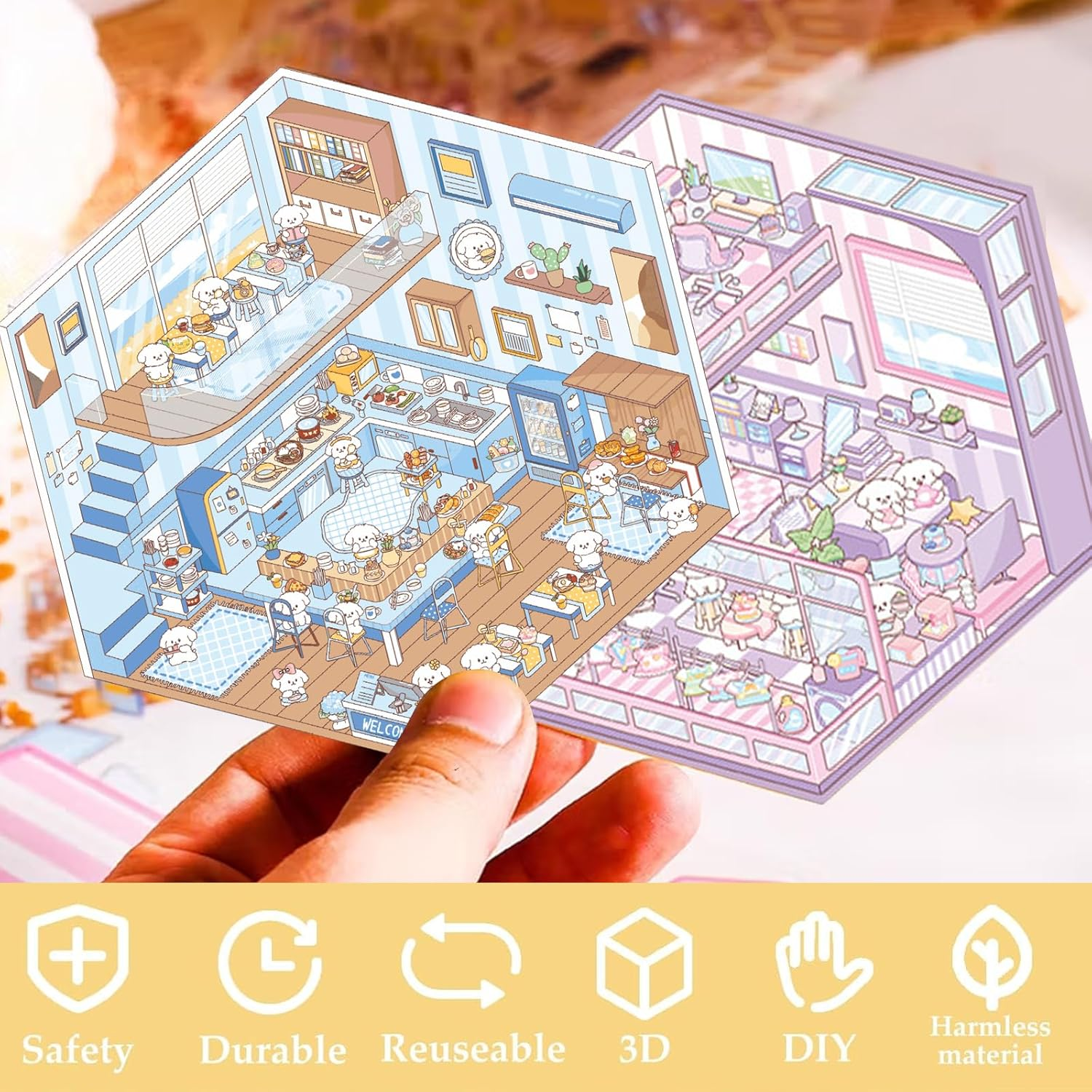 3D House Scene Stickers 8 Sets with 2 Metal Tweezers - DIY Mini Shop & Home Sticker Scenes for Kids & Adults, Cute Cartoon Animal Stickers for Stress Relief & Creativity image number 4