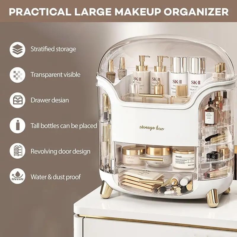 Makeup Organizer for Vanity, Portable Cosmetic Storage Box with Transparent Lid and Rotating Drawer, Dustproof and Waterproof Large Countertop Organizer Make up Holder for Bedroom, Bathroom image number 3