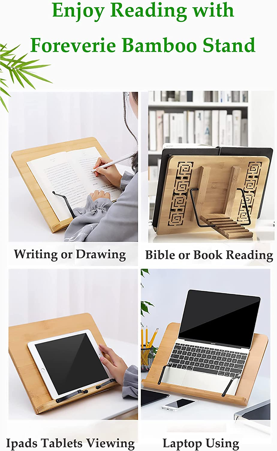Desktop Bamboo Book Stand with Adjustable Six Angles, Portable Cookbook Stand with Flexible Page Holder Clips, Recipe Stand, Foldable Reading Holder Stand (Medium, Size: 34 X 24 Cm) image number 2