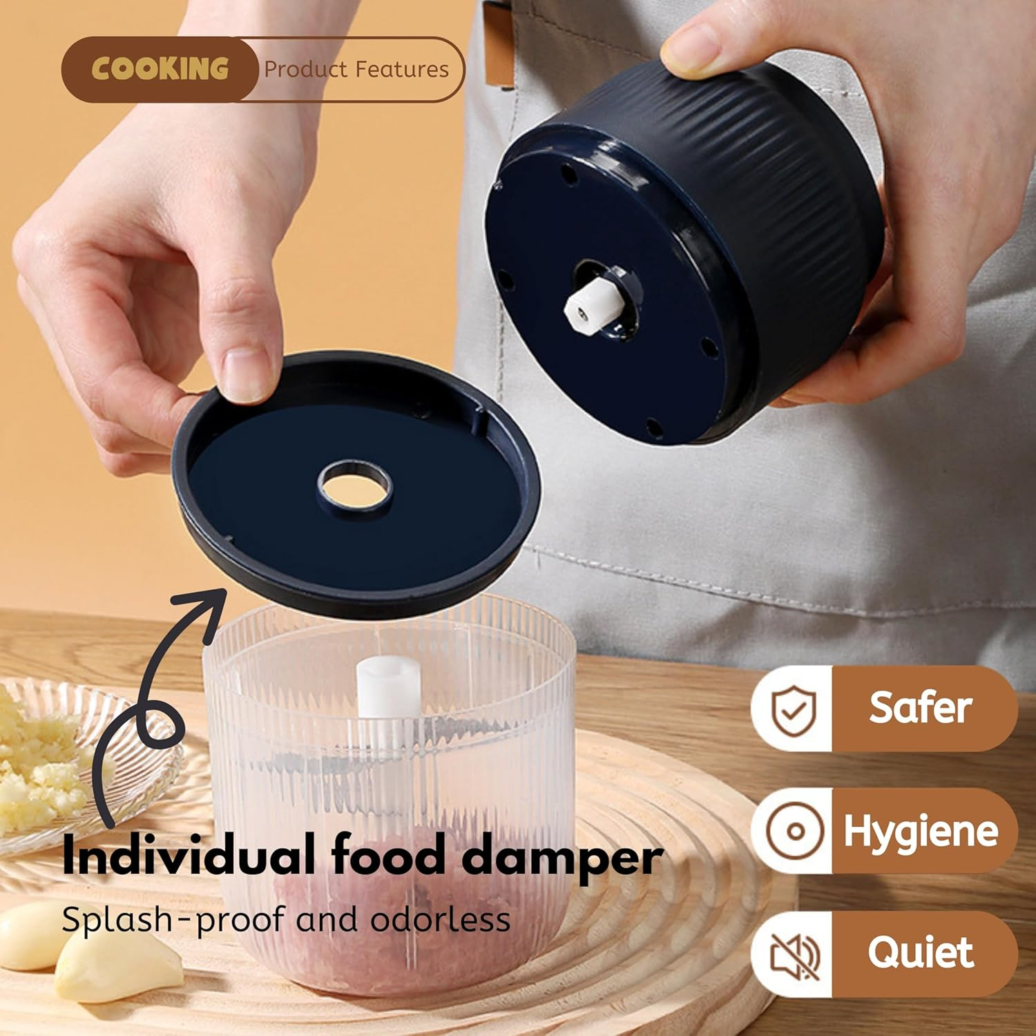 Mini Electric Garlic Beater and Chopper, 300Ml Mini 4 Blade Meat Grinder, Cordless Meat Grinder, Egg Beater. Portable, Rechargeable, for Vegetables, Peppers, Onions, Spices and Nuts (Blue, 300ML) image number 4