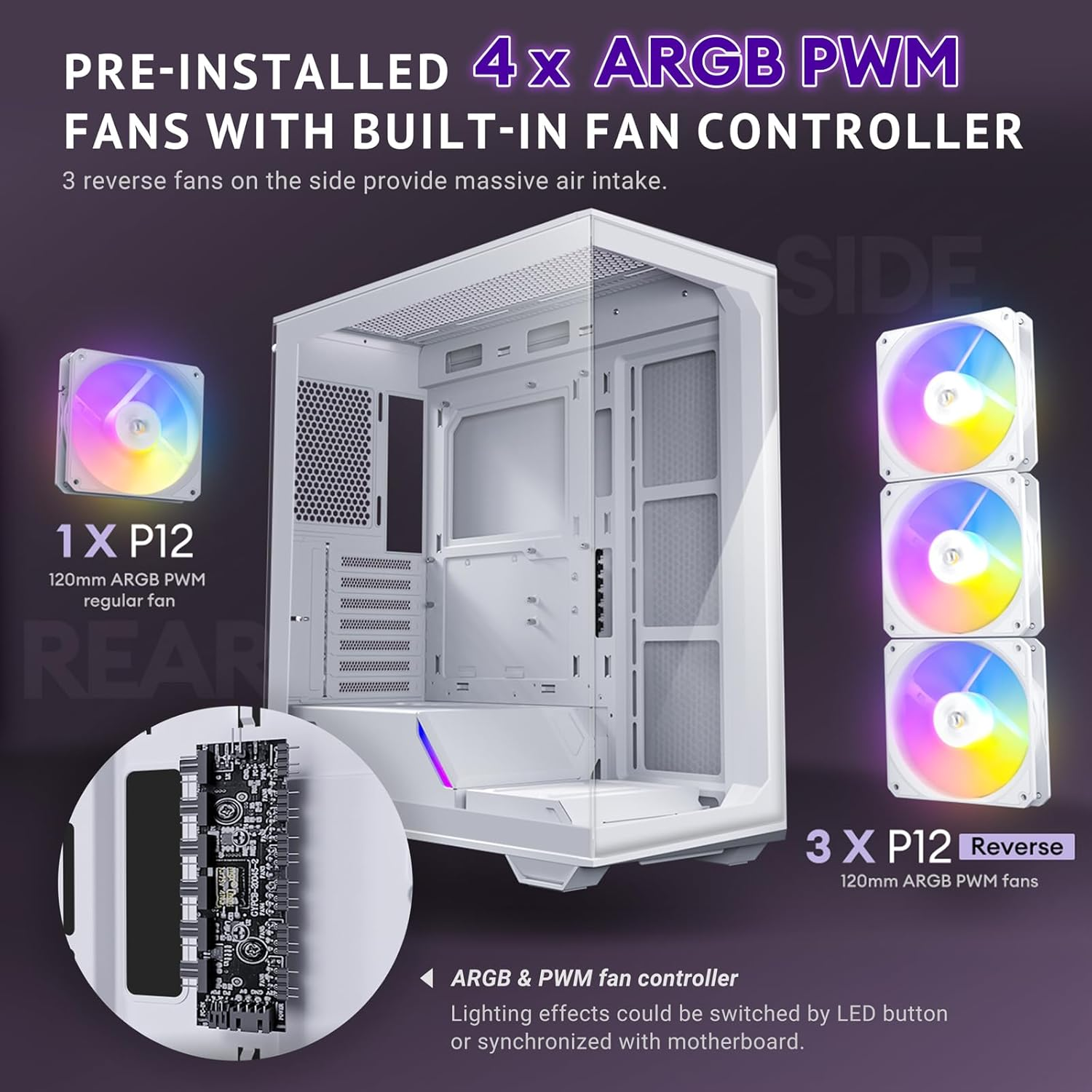Antec C3 ARGB White, 3 X 120Mm & 1 X 120Mm ARGB PWM Fans Included, up to 8 Fans Simultaneously, Type-C，Seamless Tempered Glass Front & Side Panels, 360Mm Radiator Support, Mid-Tower ATX PC Case image number 4