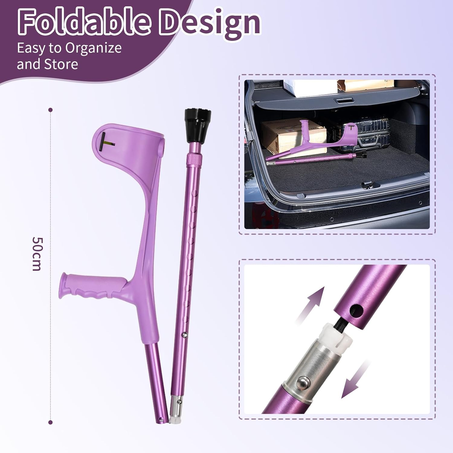 1 Pc Forearm Crutches for Adults,Folding Walking Cane,10-Level Height Adjustment,Lightweight Aluminum Walking Aid,Rubber Grip, Slip-Resistant and Wear-Resistant,1-Pack Purple. image number 2