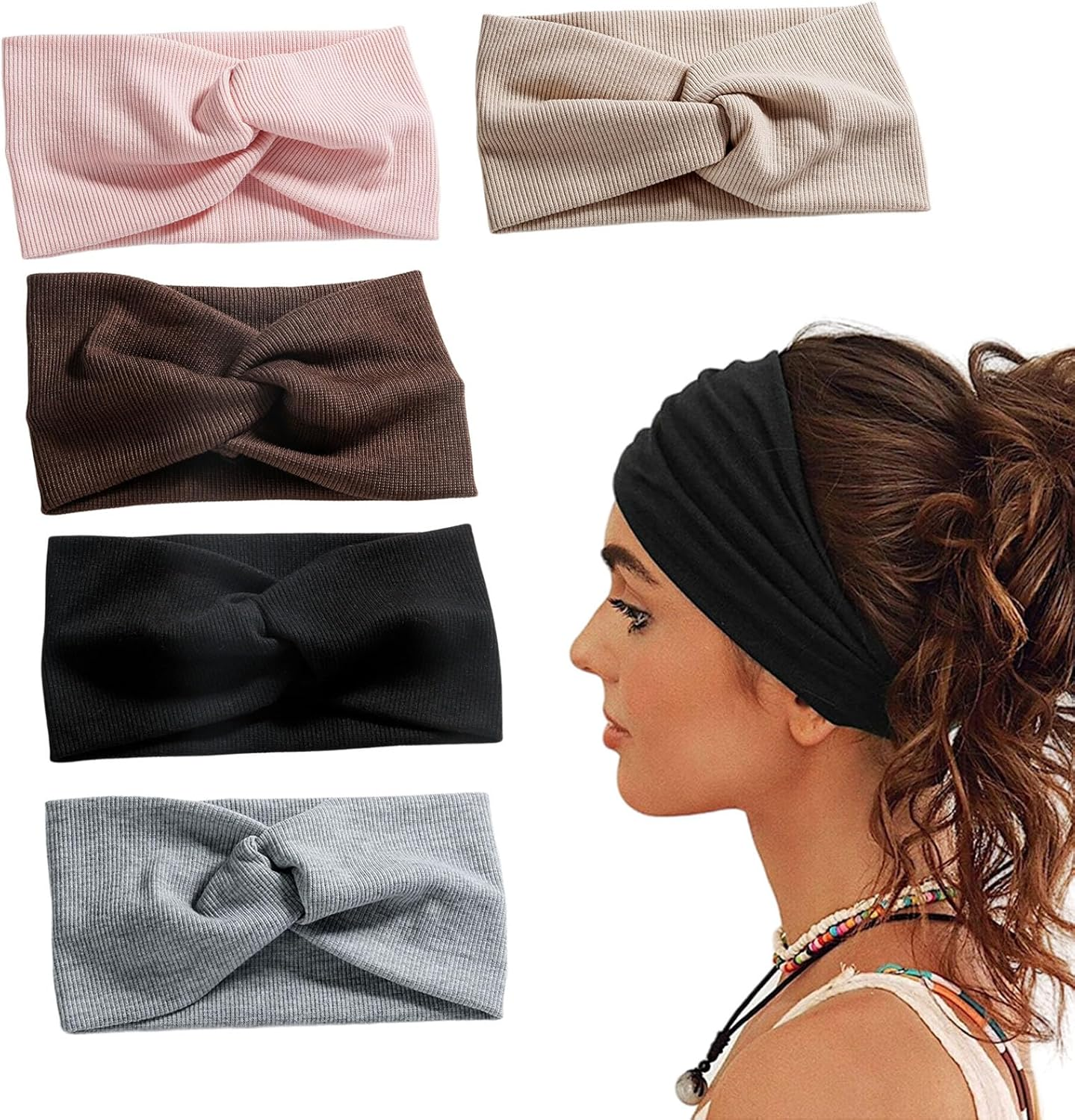 Pack of 5 Women'S Headbands, Elastic Hair Bands, Wide Headbands, Cotton Cross Headband, Women, Yoga Sports Hair Band with Bow, Soft Twisted Headband Women, Hair Accessories for Girls and Women image number 5